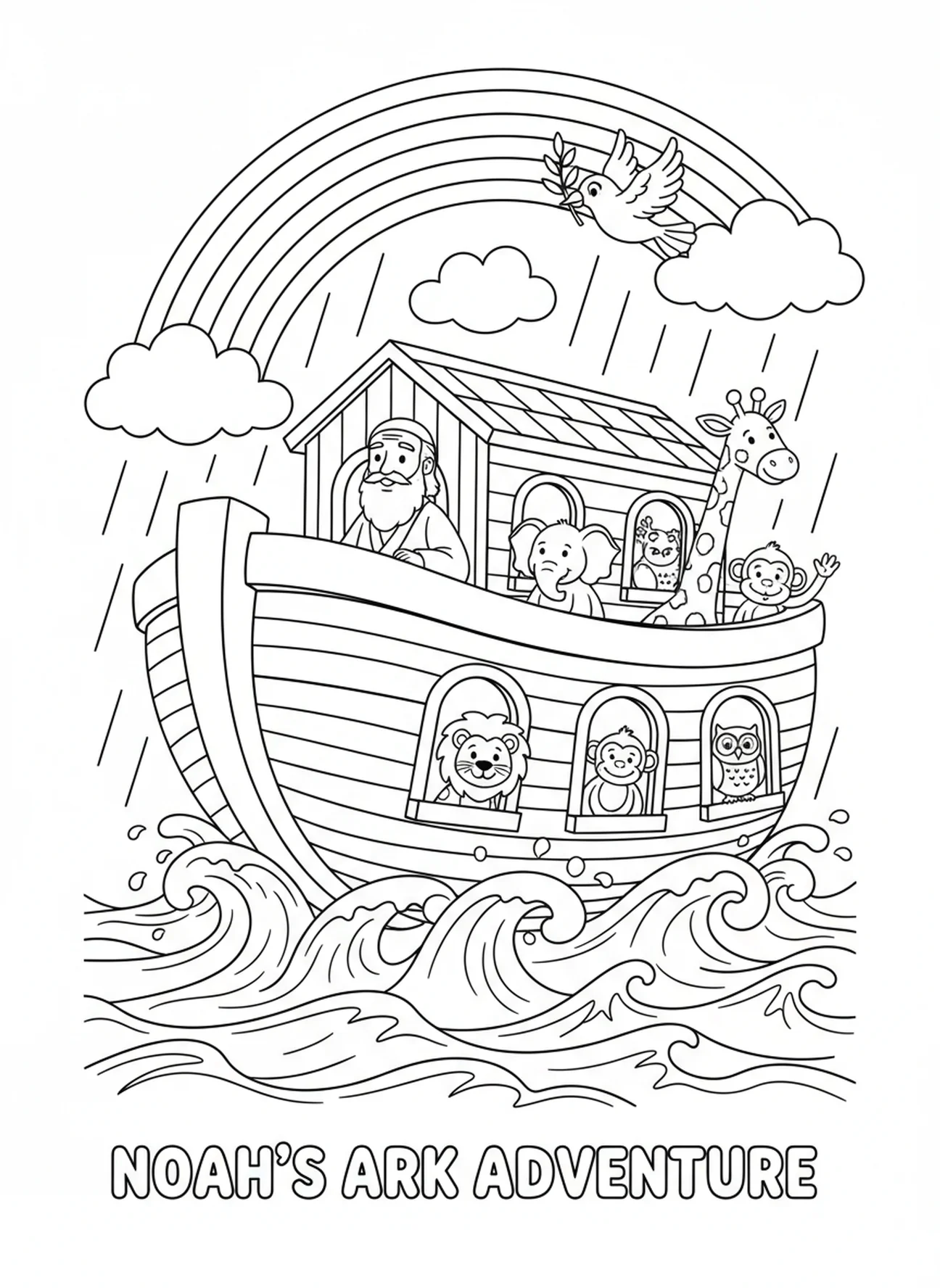 Die Arche schwebt auf den steigenden Fluten, Ausmalbild für die Sonntagsschule für Kinder im Alter von 5-10 Jahren