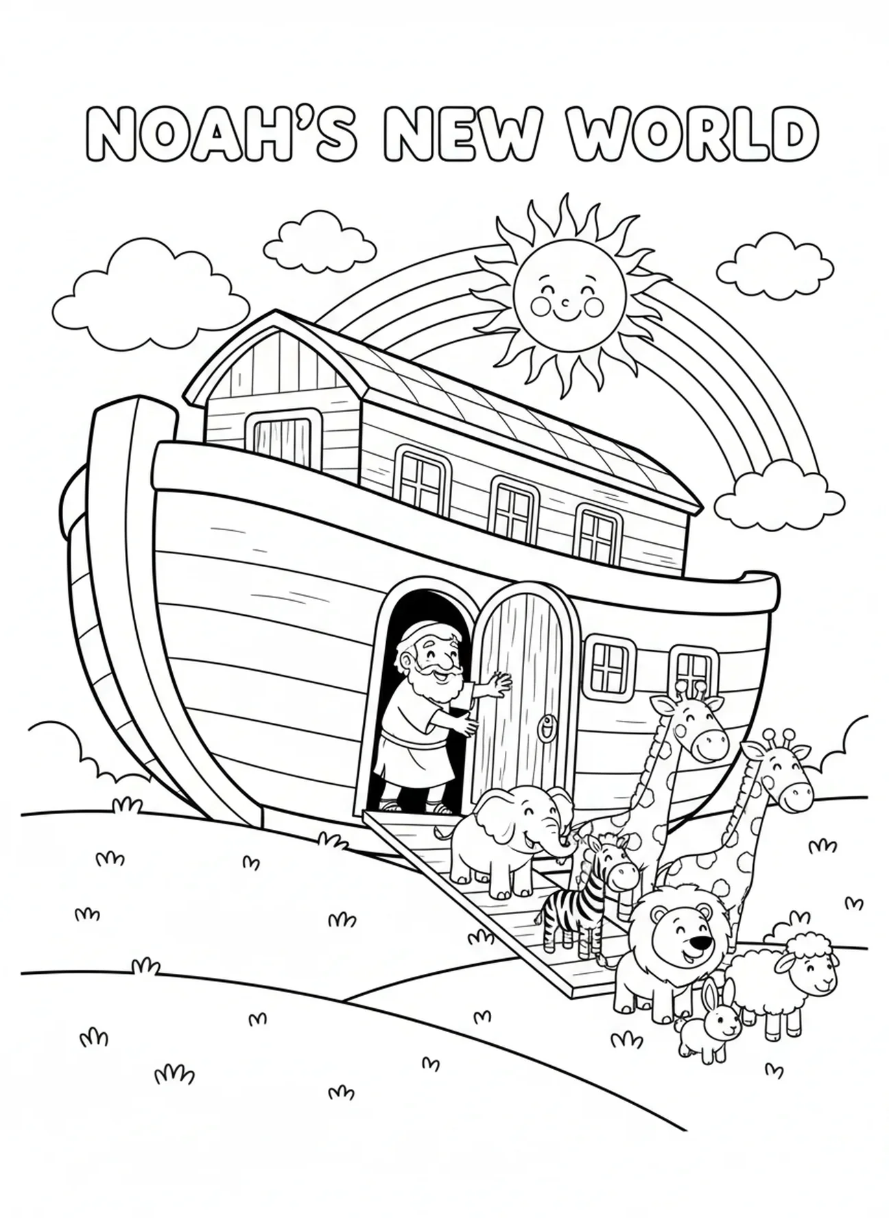 Noah lässt Tiere frei, Ausmalbild für die Sonntagsschule für Kinder im Alter von 5-10 Jahren