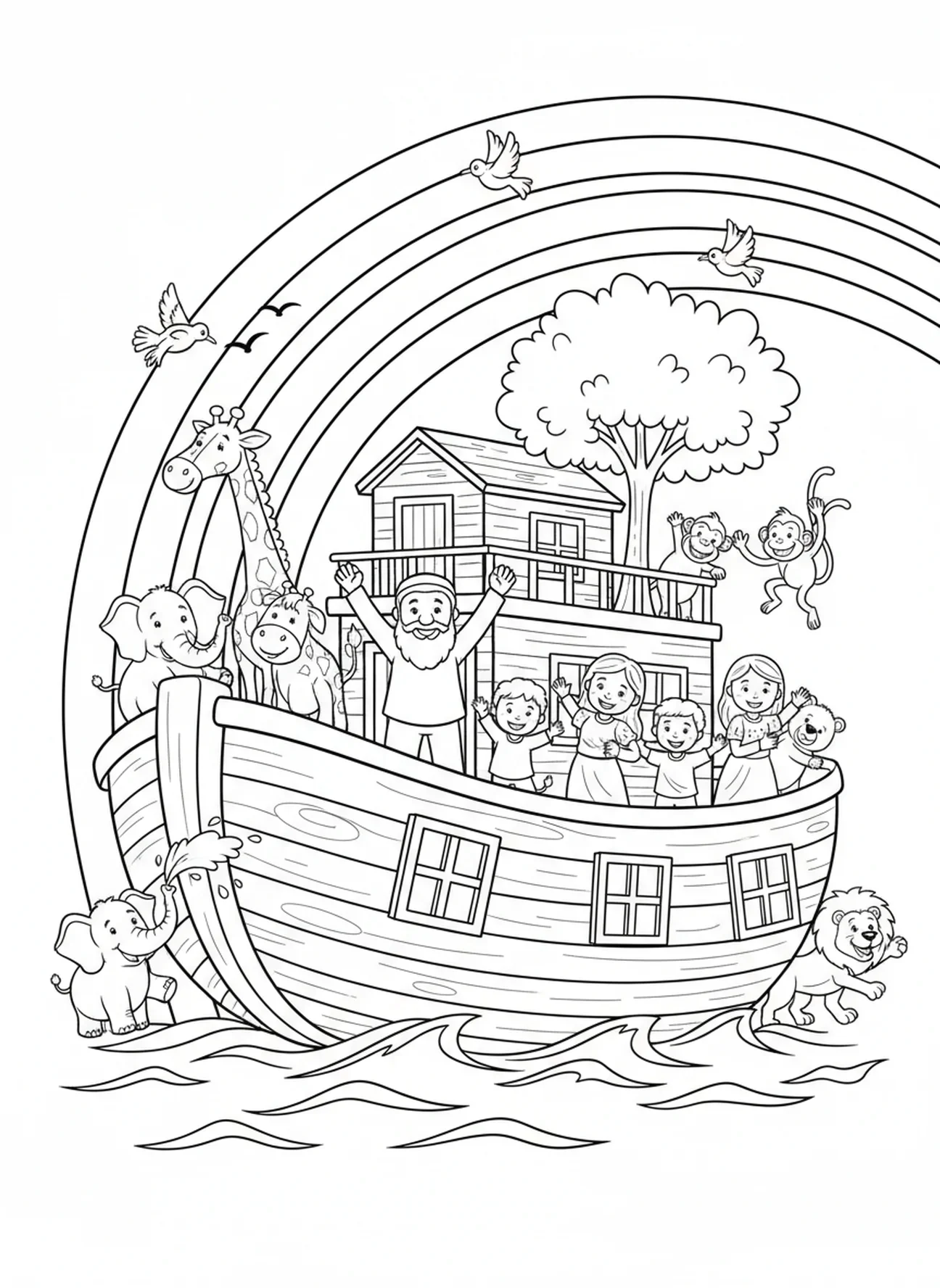 Regenbogen über der Arche, Ausmalbild für die Sonntagsschule für Kinder im Alter von 5-10 Jahren
