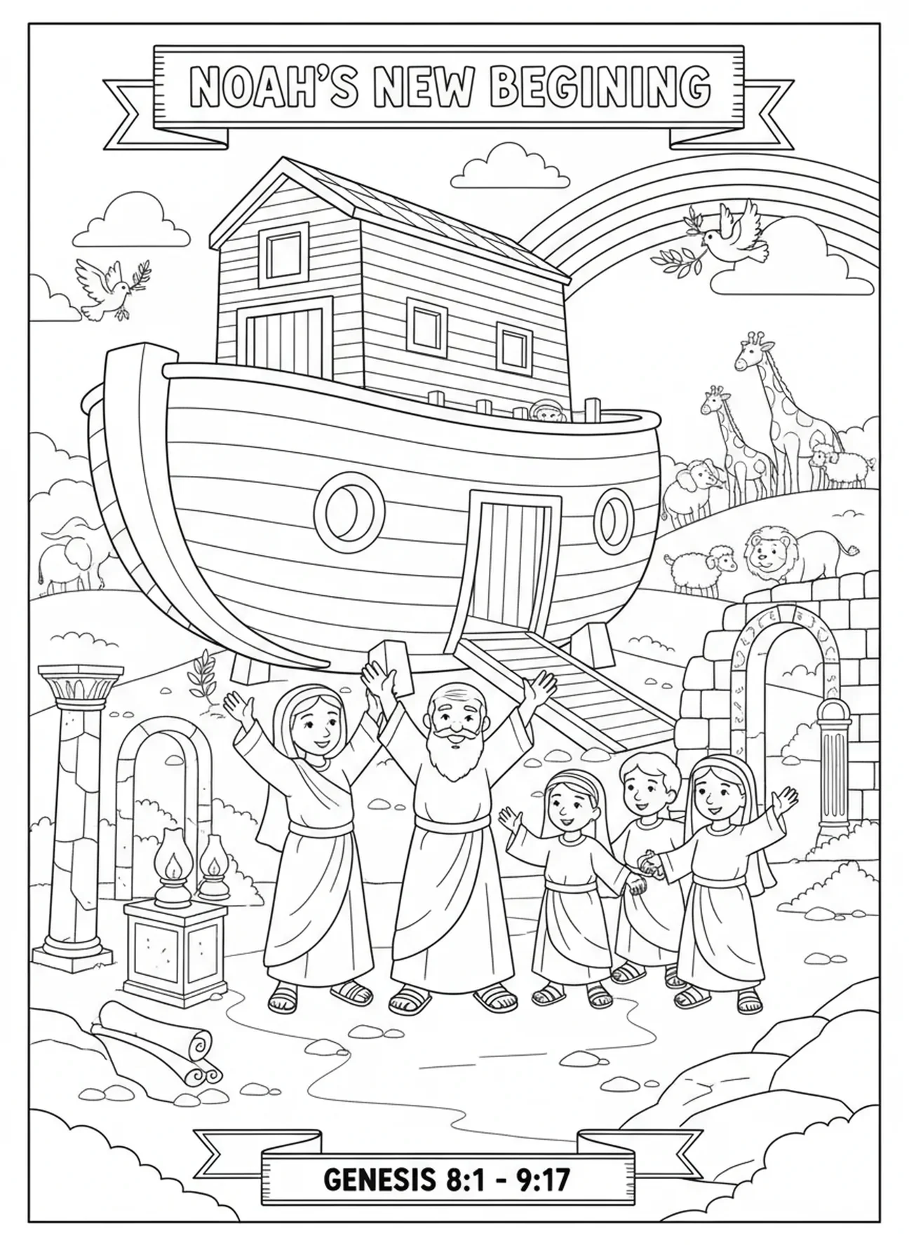 Noé et sa famille près de l'arche, page à colorier VBS Mega Sports pour les enfants de l'École du dimanche âgés de 5 à 12 ans.