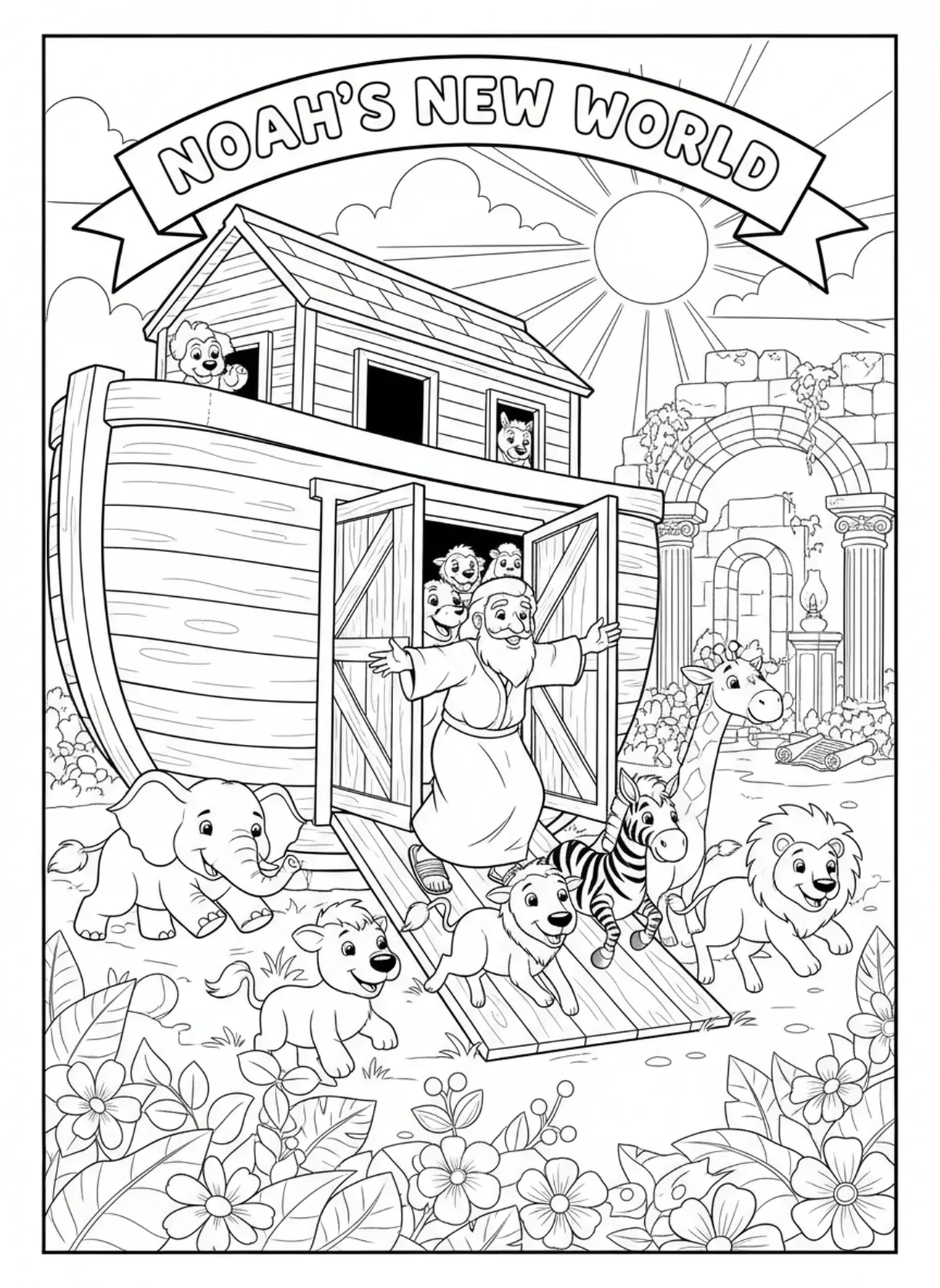 Noé libérant les animaux, page à colorier VBS Mega Sports pour les enfants de l'École du dimanche âgés de 5 à 12 ans.