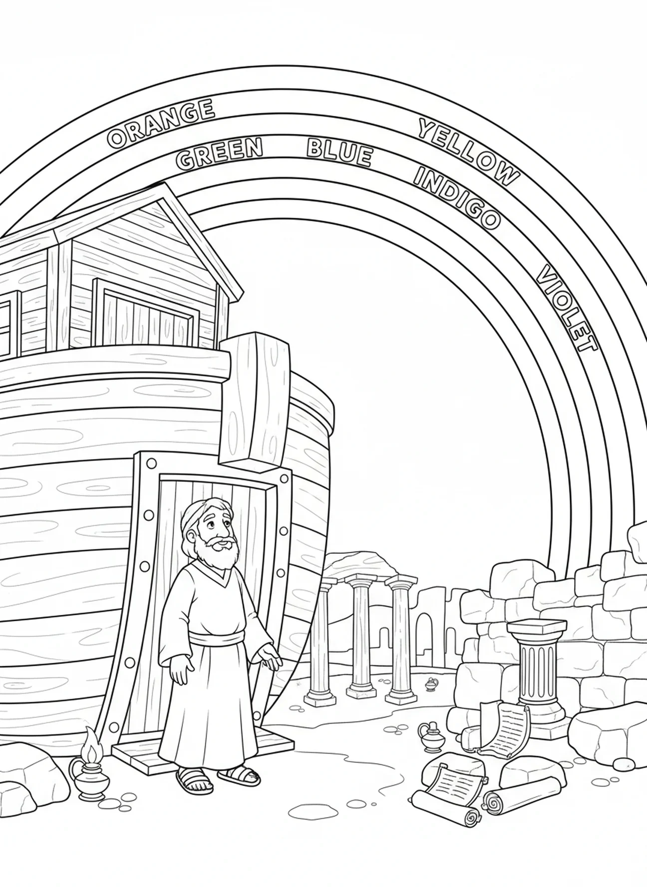 Arc-en-ciel au-dessus de l'arche, page à colorier VBS Mega Sports pour les enfants de l'École du dimanche âgés de 5 à 12 ans.