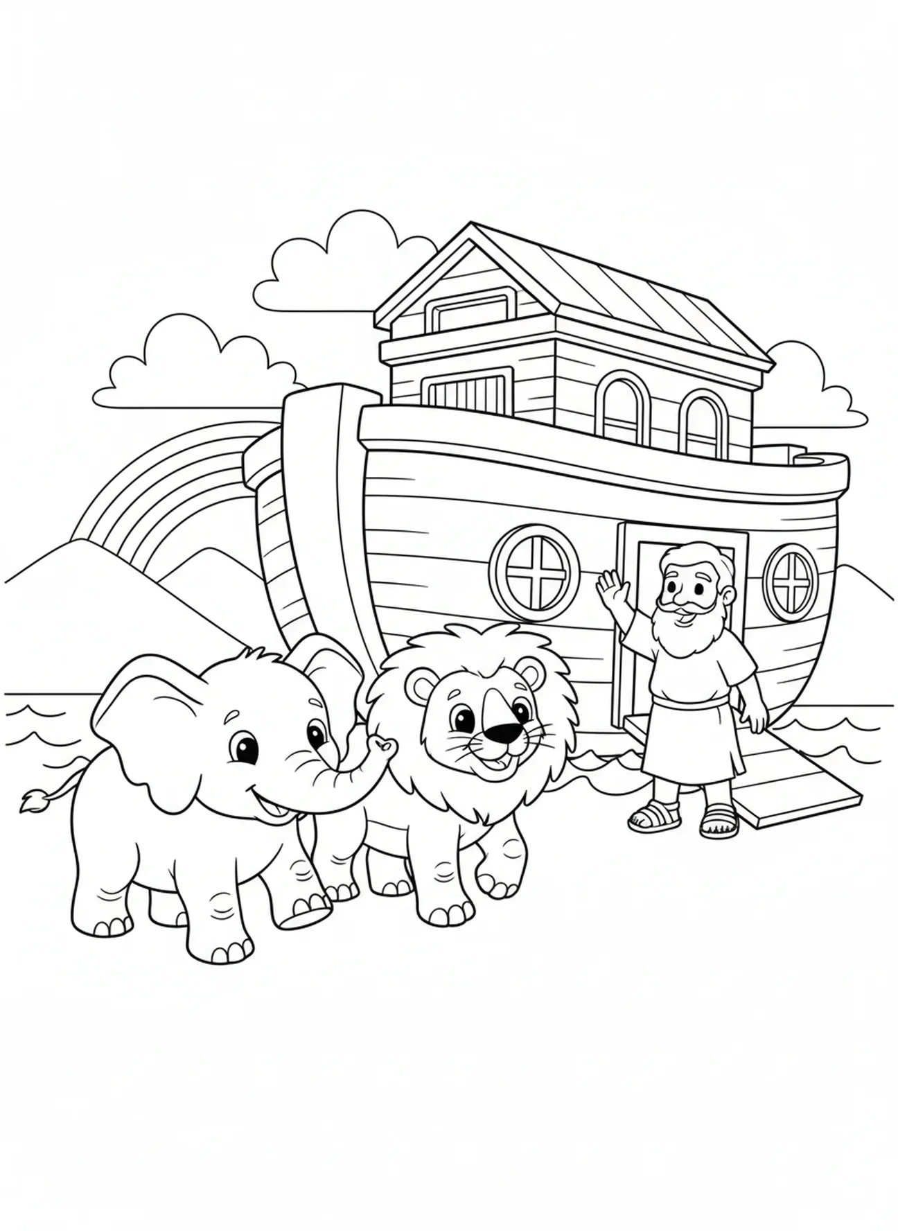 Paar Elefanten und Löwen, Ausmalbild für die Sonntagsschule für Kinder im Alter von 5-10 Jahren