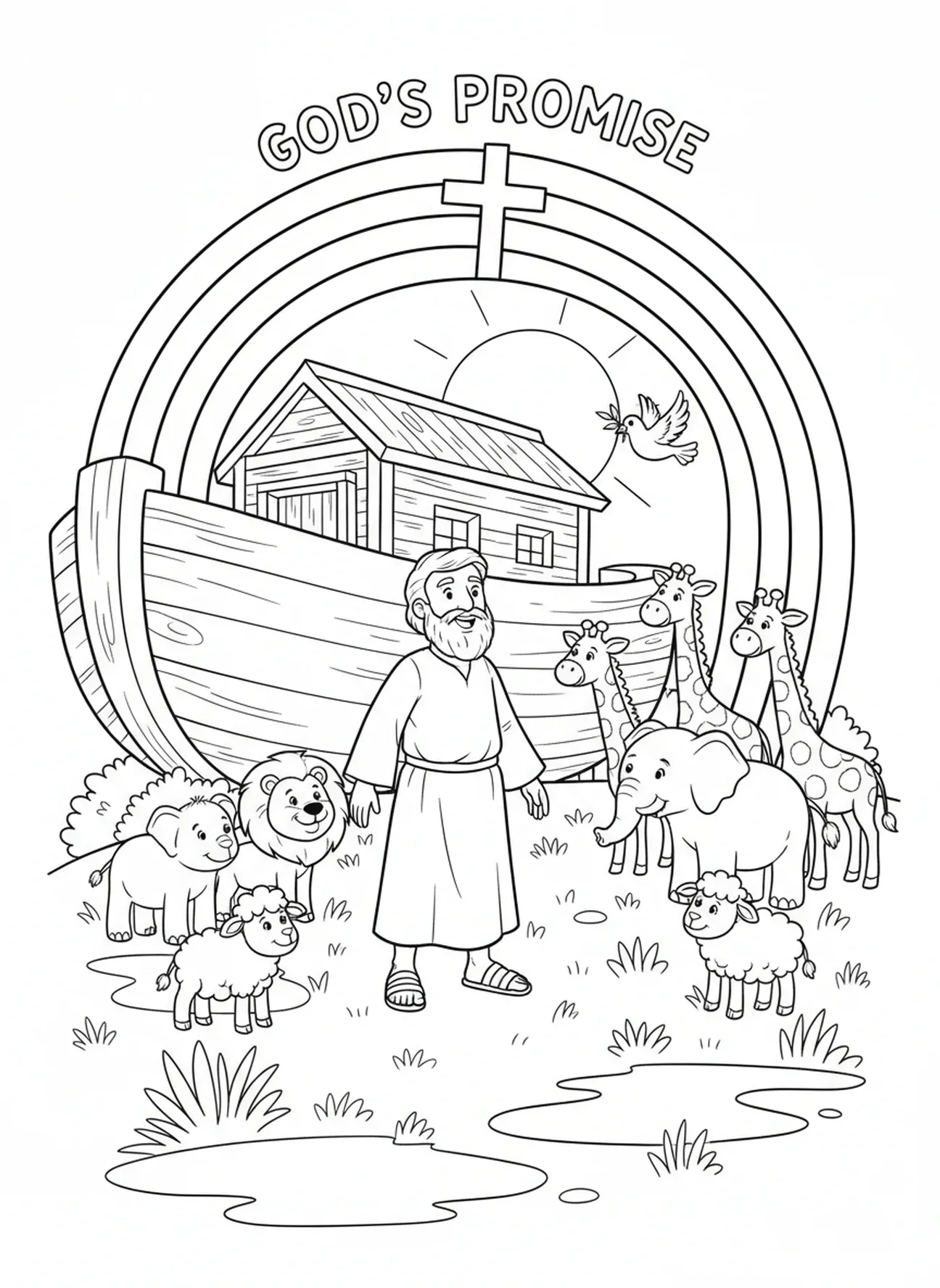 Noah schaut auf den Regenbogen, Ausmalbild für die Sonntagsschule für Kinder im Alter von 5-10 Jahren