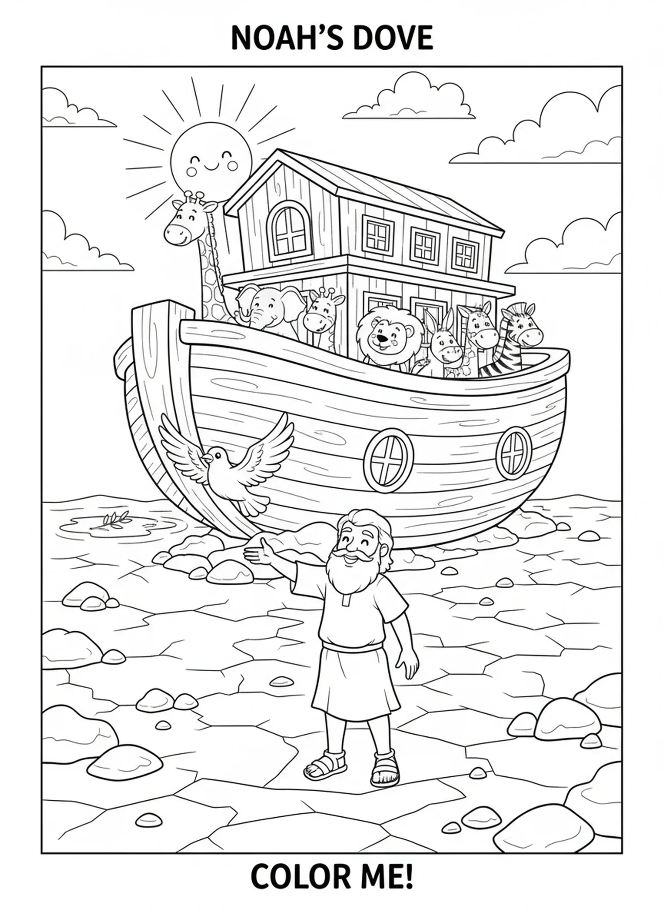 Noah, der eine Taube aussendet, Ausmalbild für die Sonntagsschule für Kinder im Alter von 5-10 Jahren