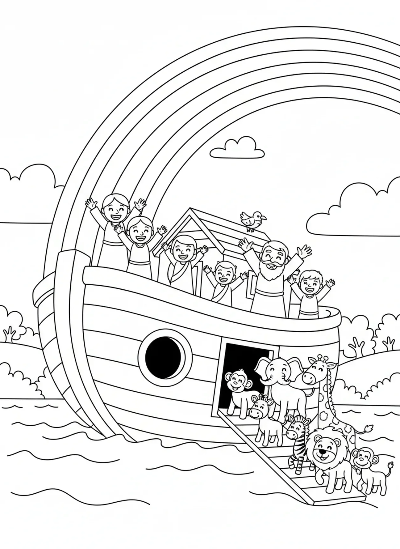 Noahs Familie und Regenbogen, Ausmalbild für die Sonntagsschule für Kinder im Alter von 5-10 Jahren
