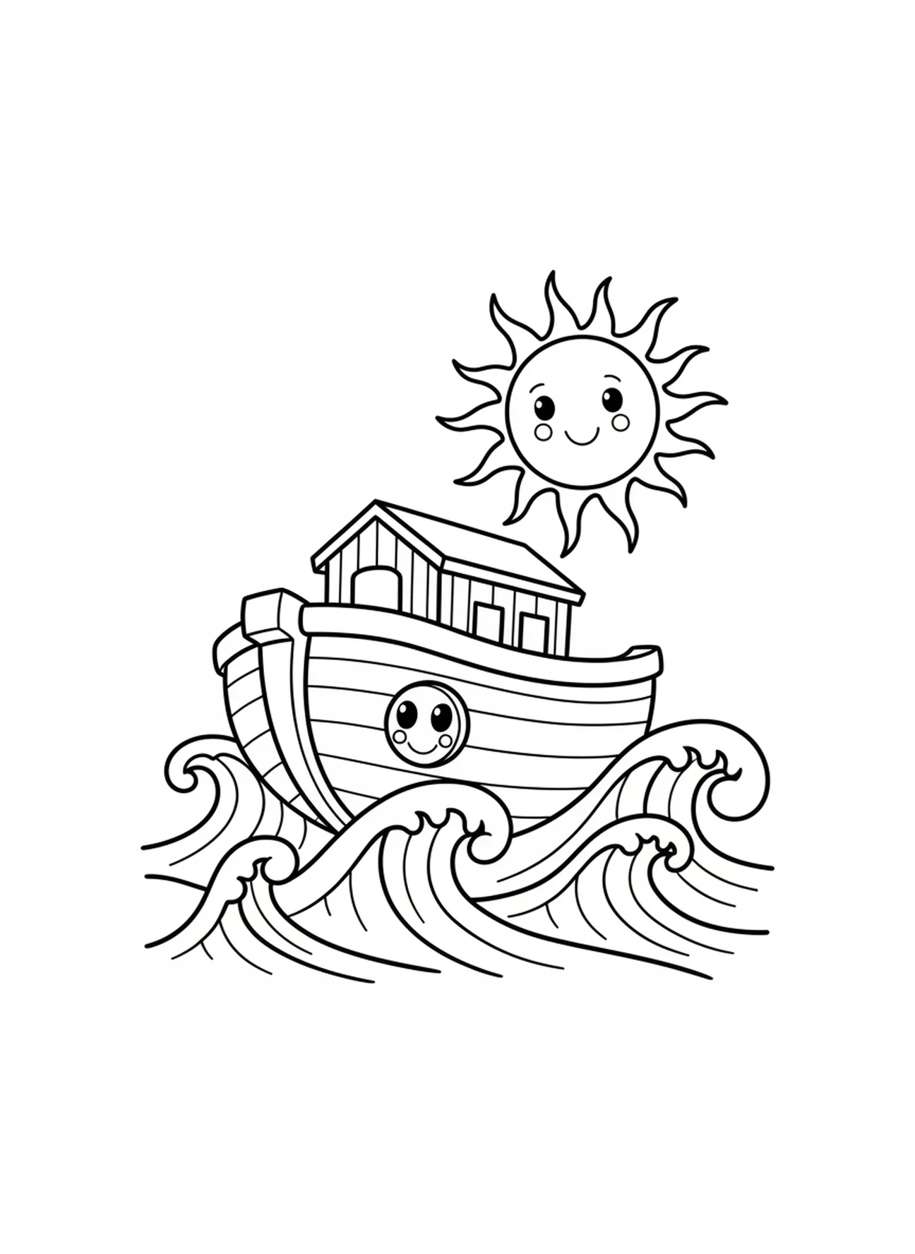 Arca flutuando nas ondas, página de colorir VBS Monumental para pré-escolares de 3 a 5 anos