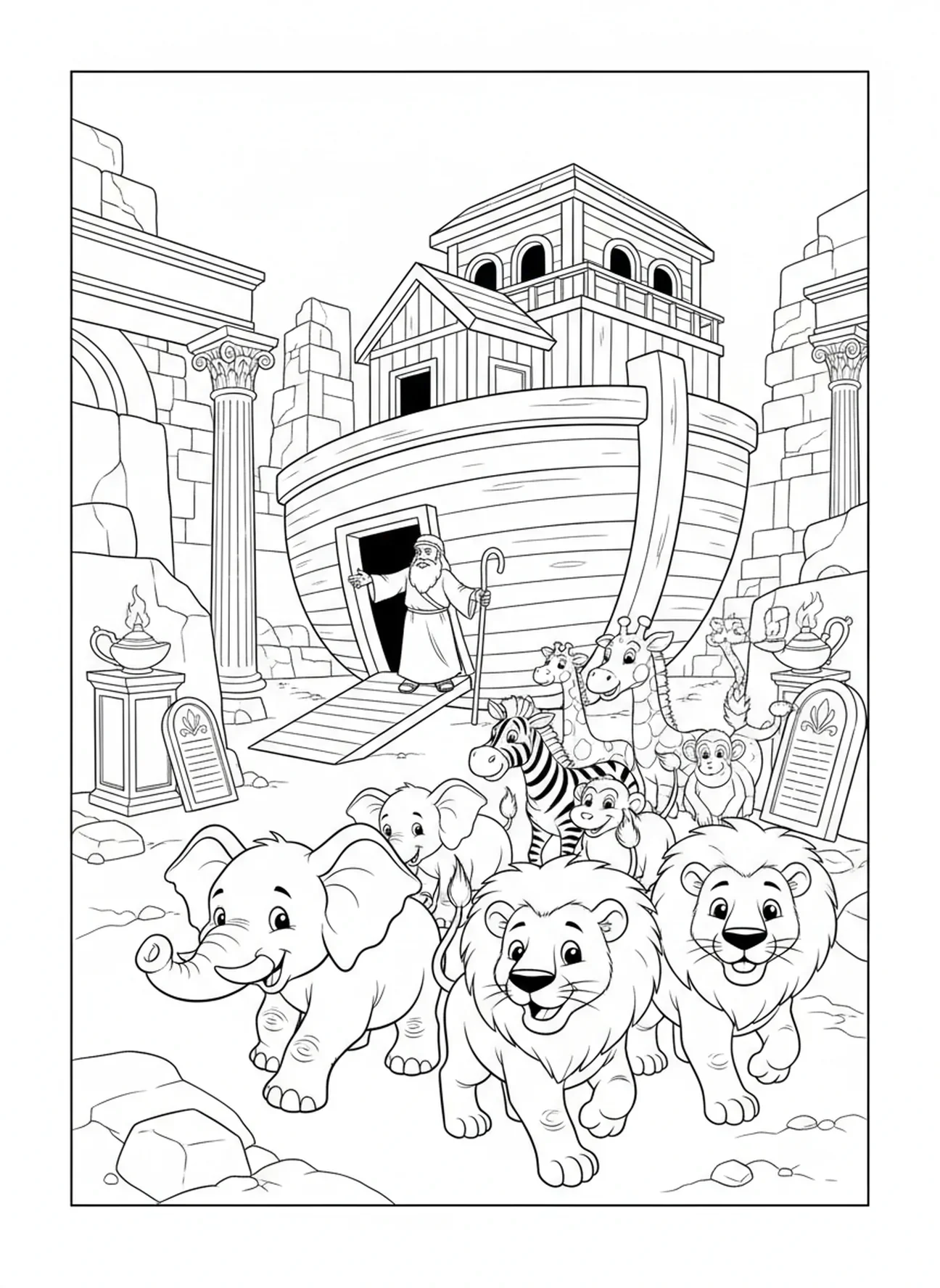 Animais entrando na arca, página para colorir do VBS Monumental para crianças da Escola Dominical de 5 a 12 anos.