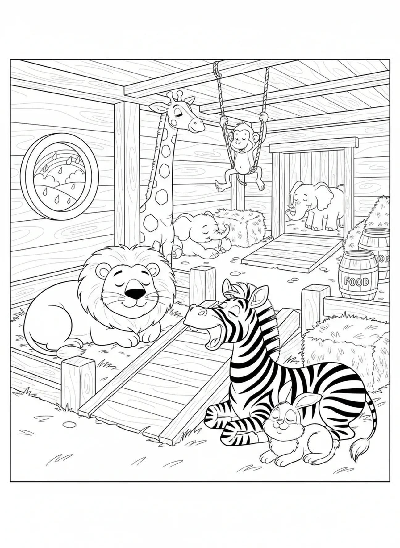 Différents animaux se reposant à l'intérieur de l'arche, page à colorier École du dimanche Mont Everest pour enfants de 5 à 10 ans
