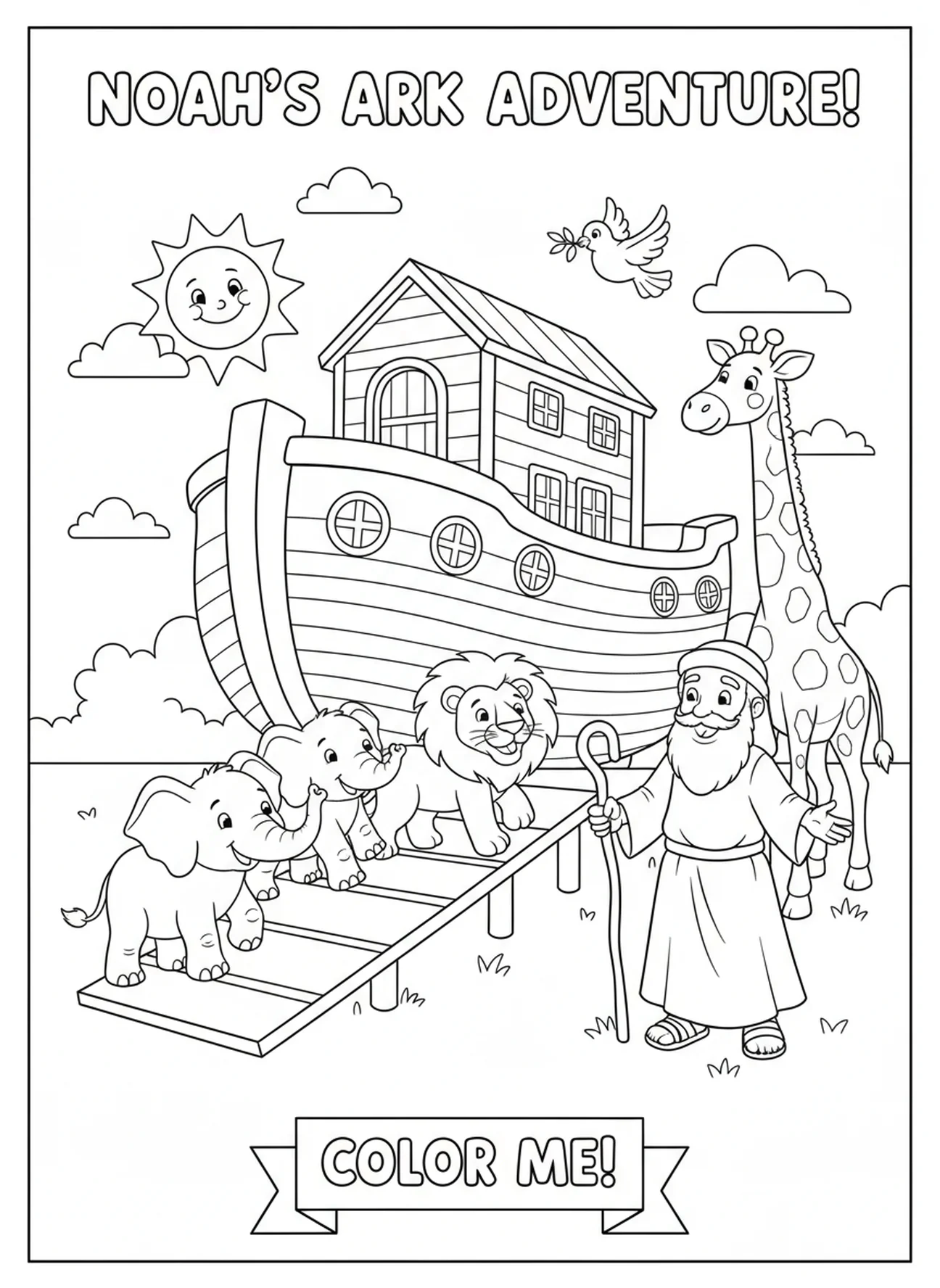 Paire d'éléphants entrant dans l'arche, page à colorier École de vacances Biblique pour enfants de 5 à 10 ans