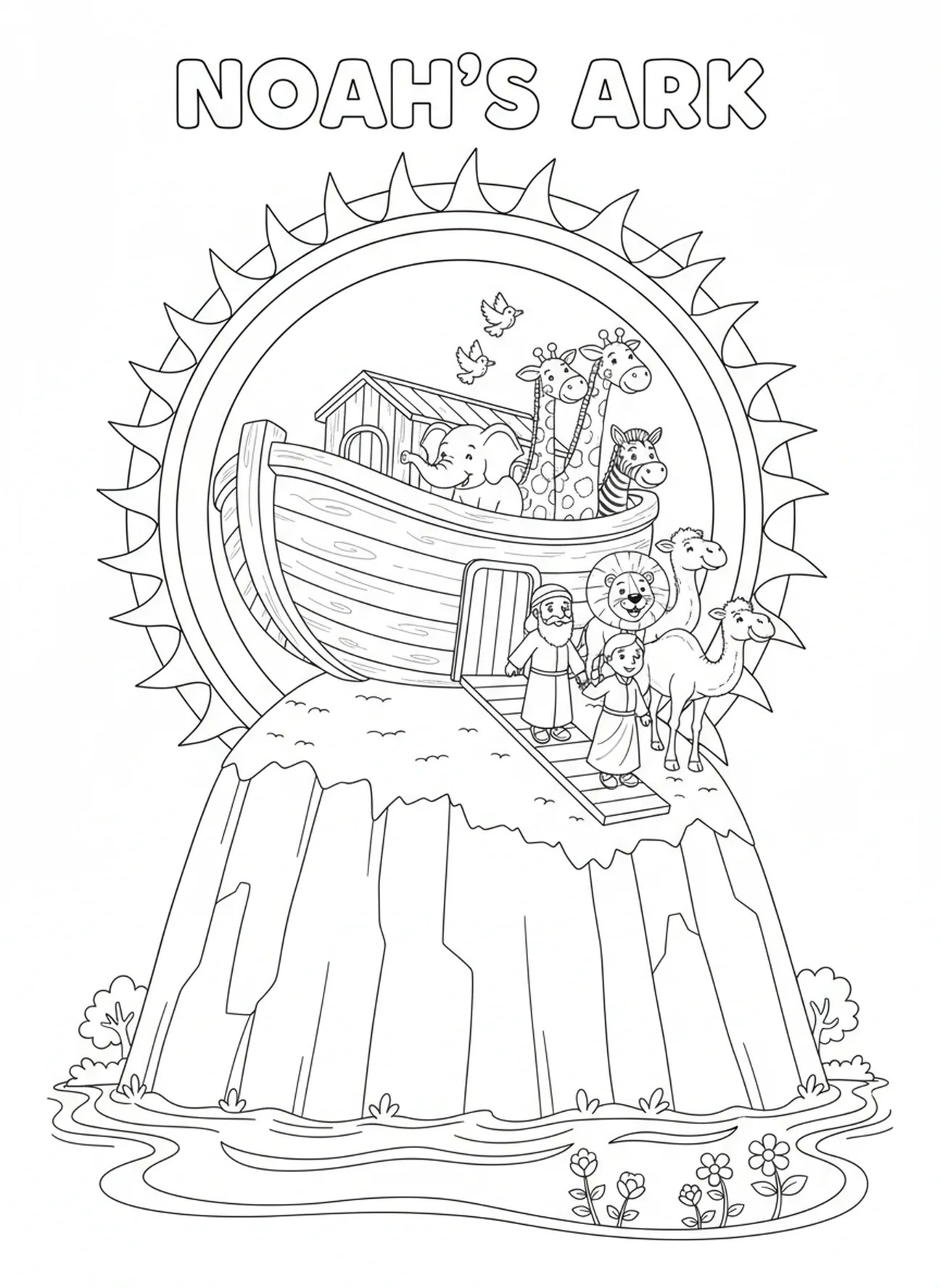 Noé et les animaux sortant joyeusement de l'arche, page à colorier École du dimanche Mont Everest pour enfants de 5 à 10 ans