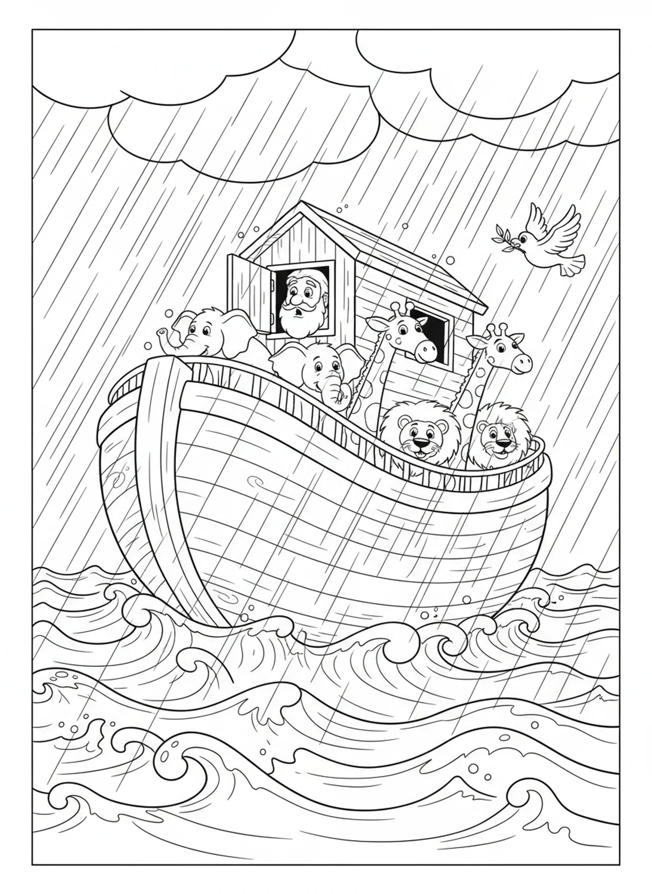 Noé regardant par la fenêtre de l'arche pendant le déluge, page à colorier École du dimanche Mont Everest pour enfants de 5 à 10 ans