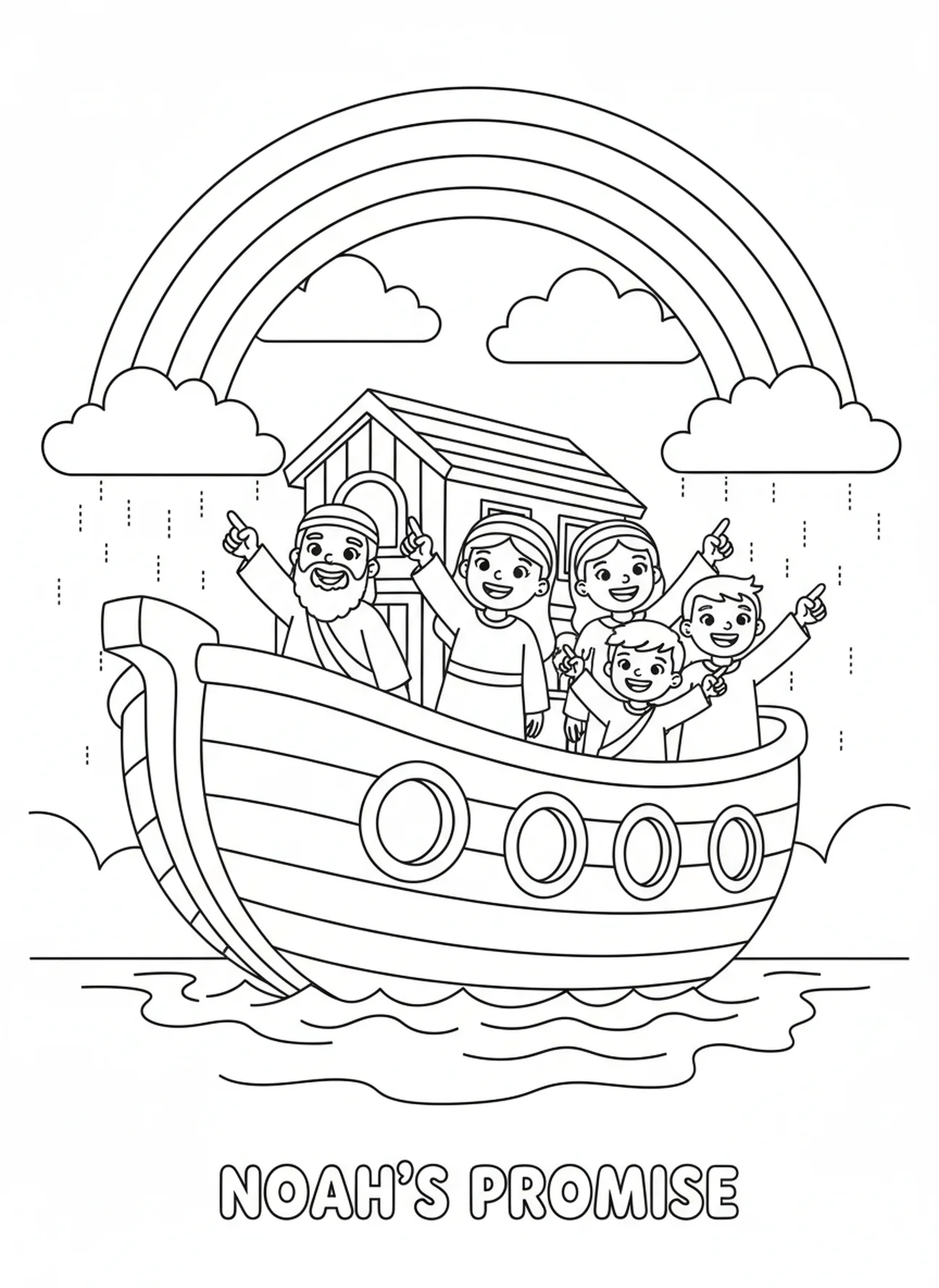 Noé et sa famille admirant l'arc-en-ciel, page à colorier École du dimanche Mont Everest pour enfants de 5 à 10 ans
