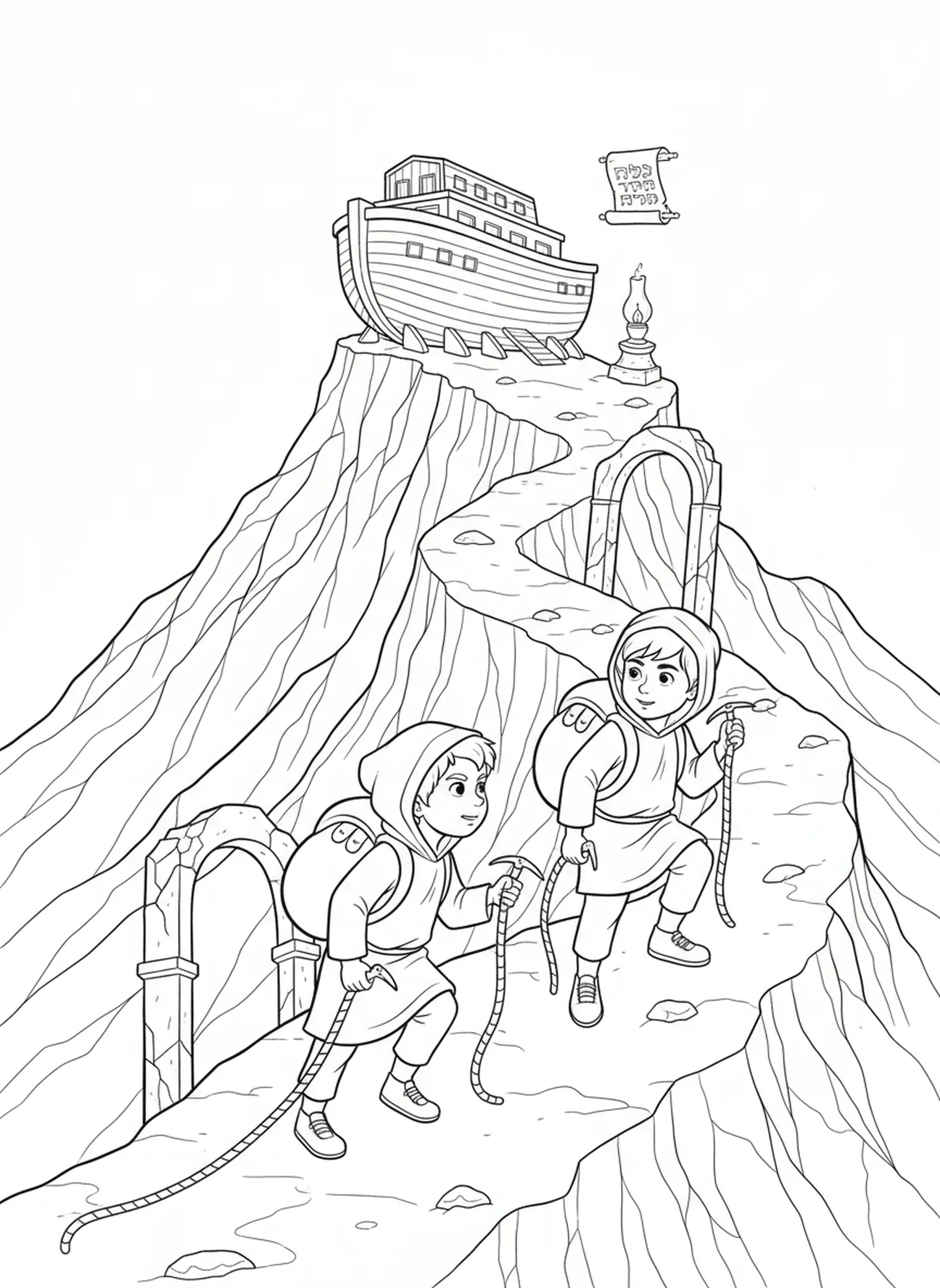 Duas crianças escalando, página para colorir do VBS Monte Everest para crianças da Escola Dominical de 5 a 12 anos.