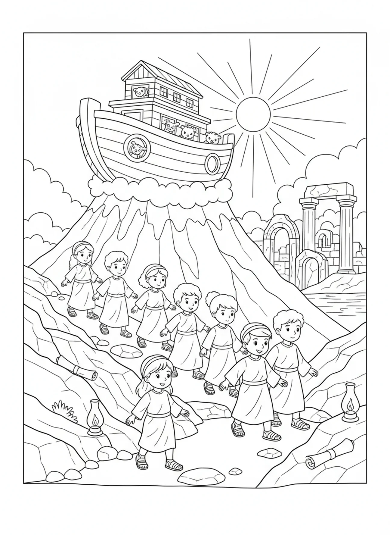 Crianças descendo a montanha, página para colorir do VBS Monte Everest para crianças da Escola Dominical de 5 a 12 anos.