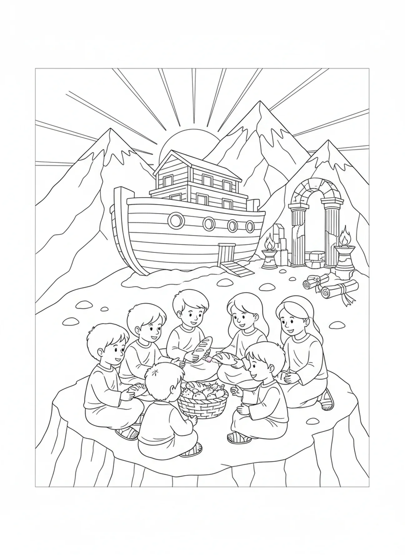 Crianças compartilhando comida, página de colorir VBS Monte Everest para crianças da Escola Dominical de 5 a 12 anos.