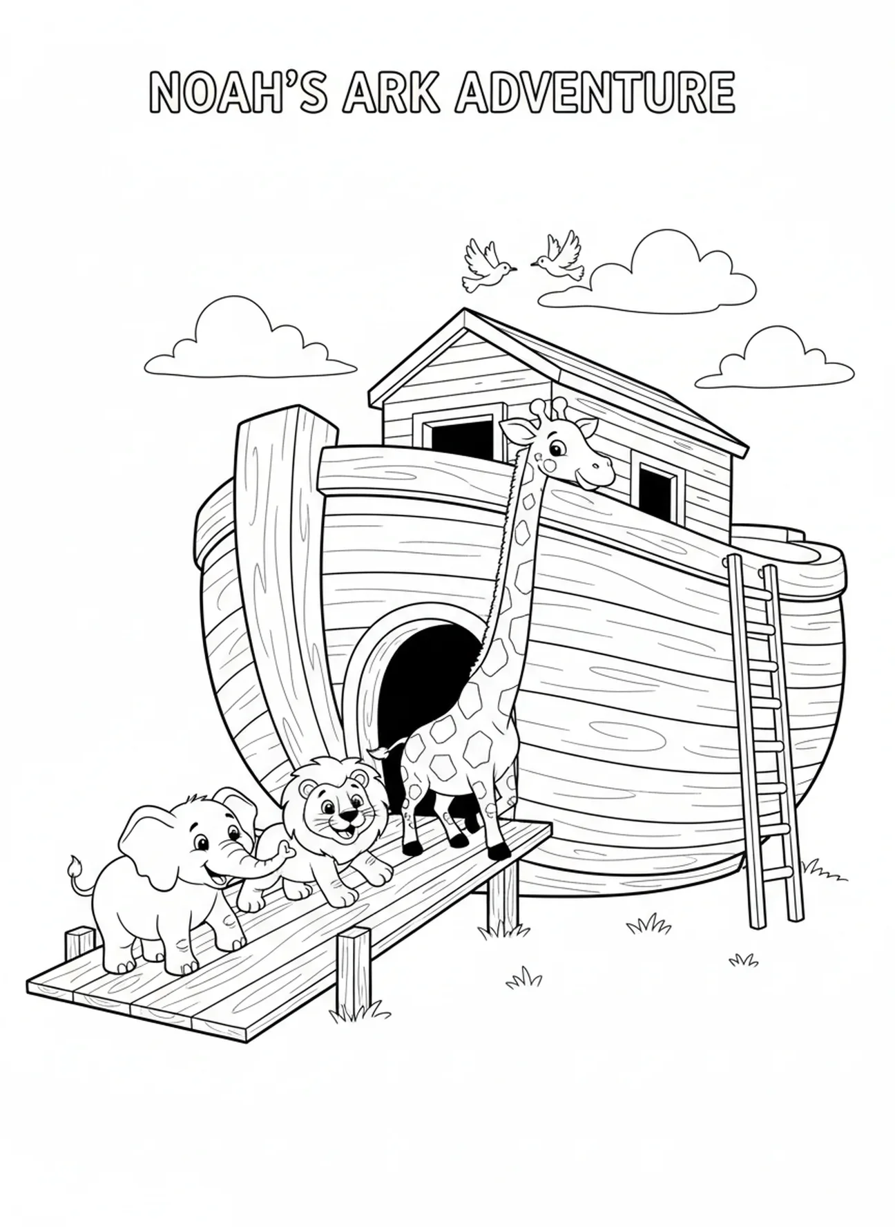 Paire d'éléphants entrant dans l'arche, page à colorier pour l'École du dimanche, Mystère de l'île, pour les enfants de 5 à 10 ans