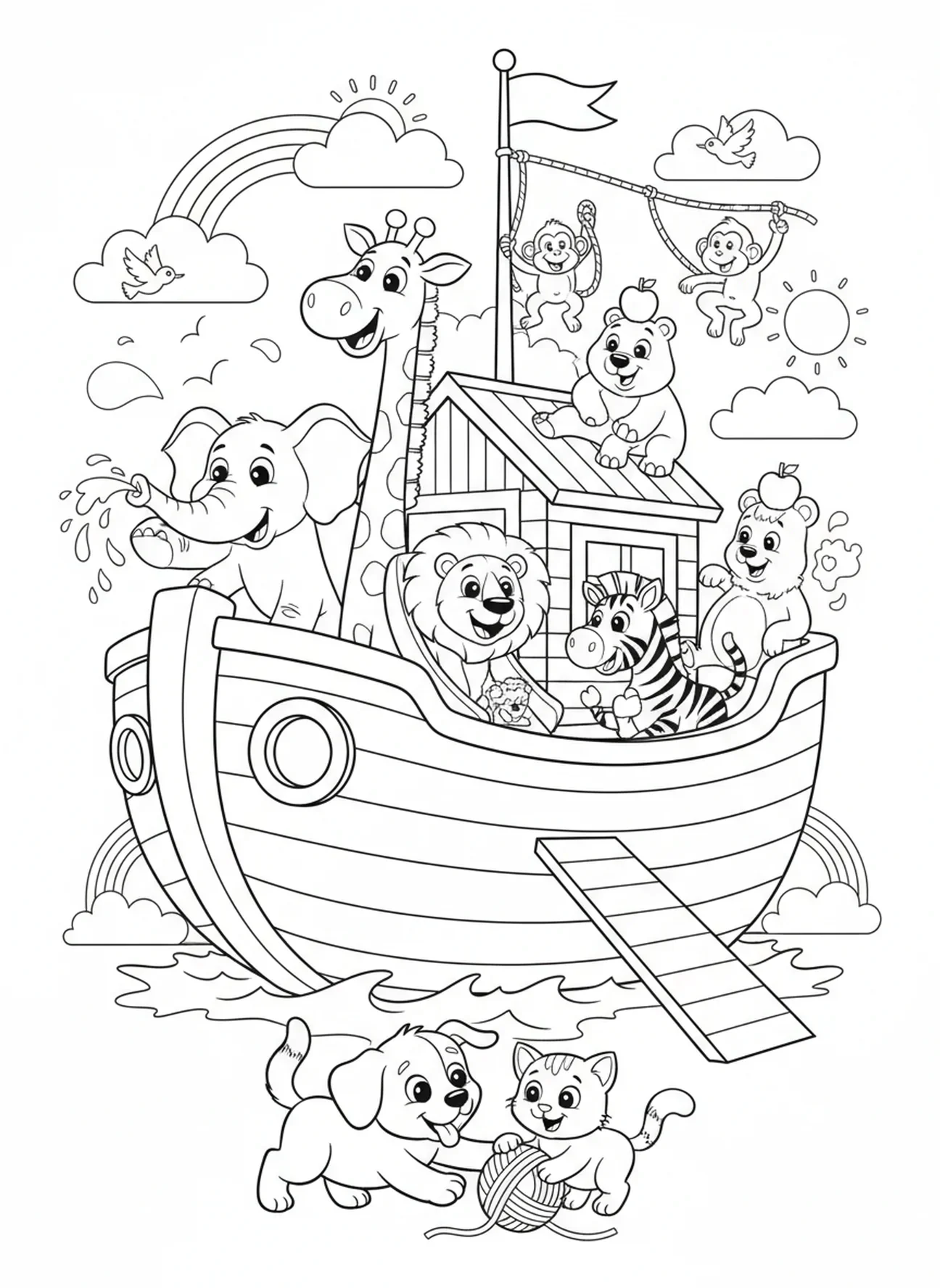 Animaux jouant sur l'arche, page à colorier École du dimanche Mystère de l'île pour les enfants de 5 à 10 ans
