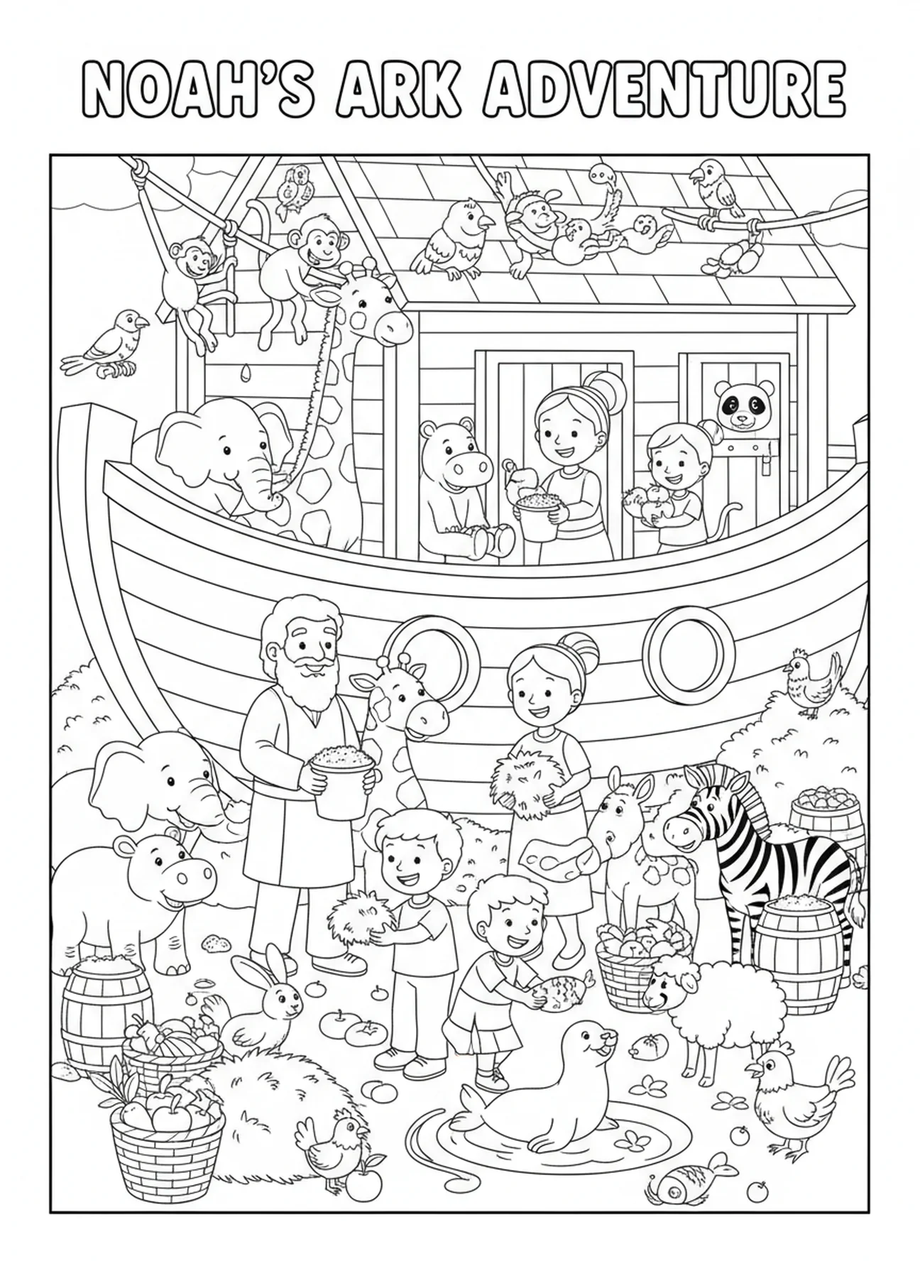 Noé nourrissant les animaux, page à colorier pour l'École du dimanche, enfants de 5 à 10 ans