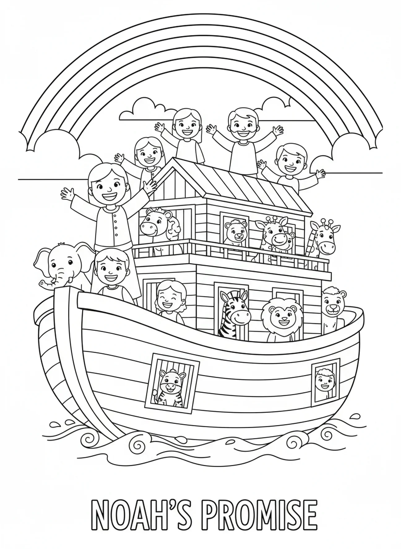 Noé et sa famille sous un arc-en-ciel, page à colorier École du dimanche pour enfants de 5 à 10 ans