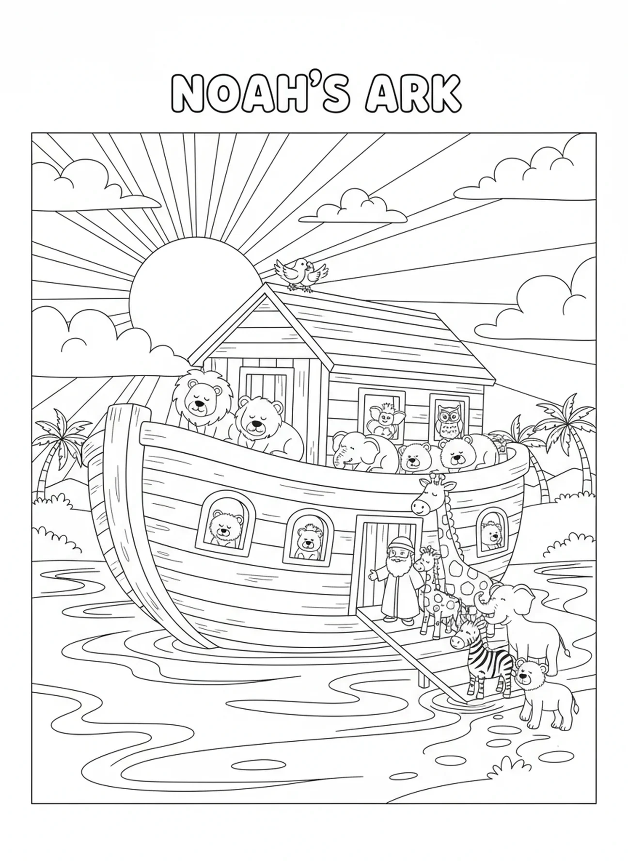Coucher de soleil derrière l'arche de Noé, page à colorier pour l'École du dimanche sur l'île mystérieuse pour les enfants de 5 à 10 ans
