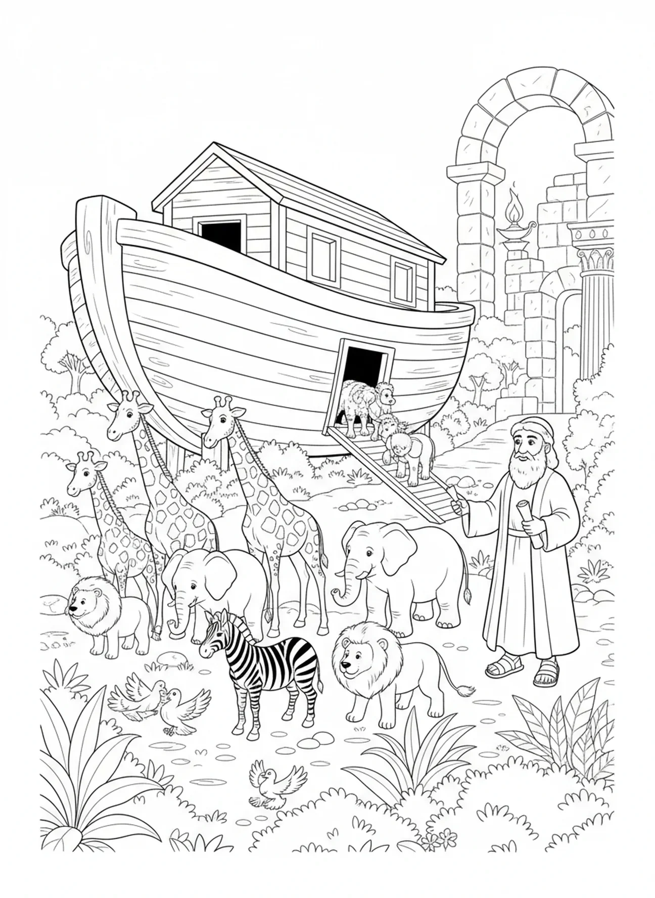 Animais saindo da arca, página de colorir do VBS Mistério da Ilha para crianças da Escola Dominical de 5 a 12 anos.