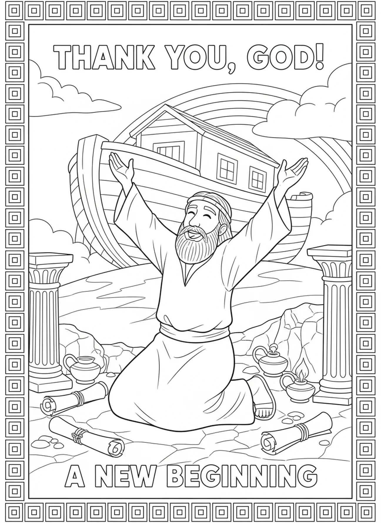 Noé adorando a Deus, página para colorir do VBS Ilha do Mistério para crianças da Escola Dominical de 5 a 12 anos.