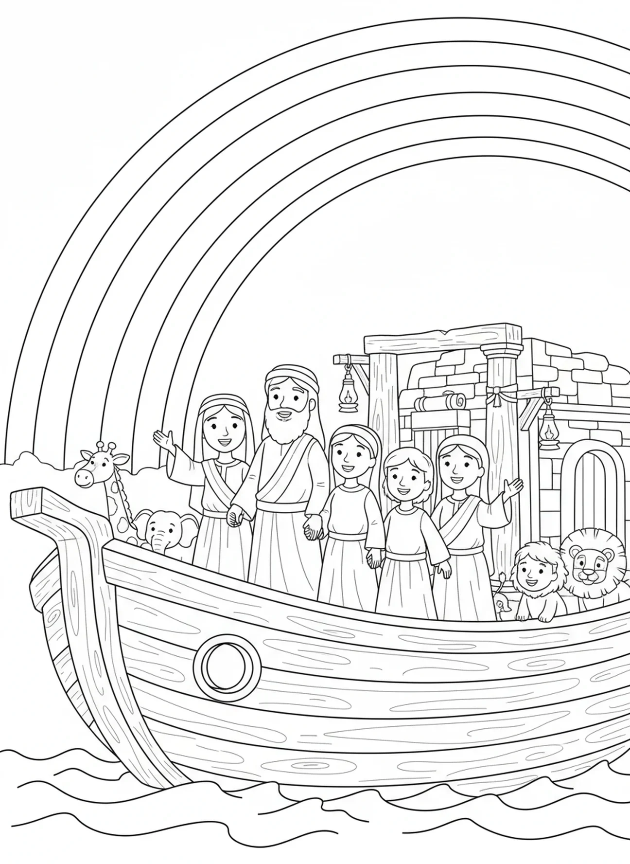 A família de Noé com arco-íris, página para colorir do VBS Mistério da Ilha para crianças da Escola Dominical de 5 a 12 anos.