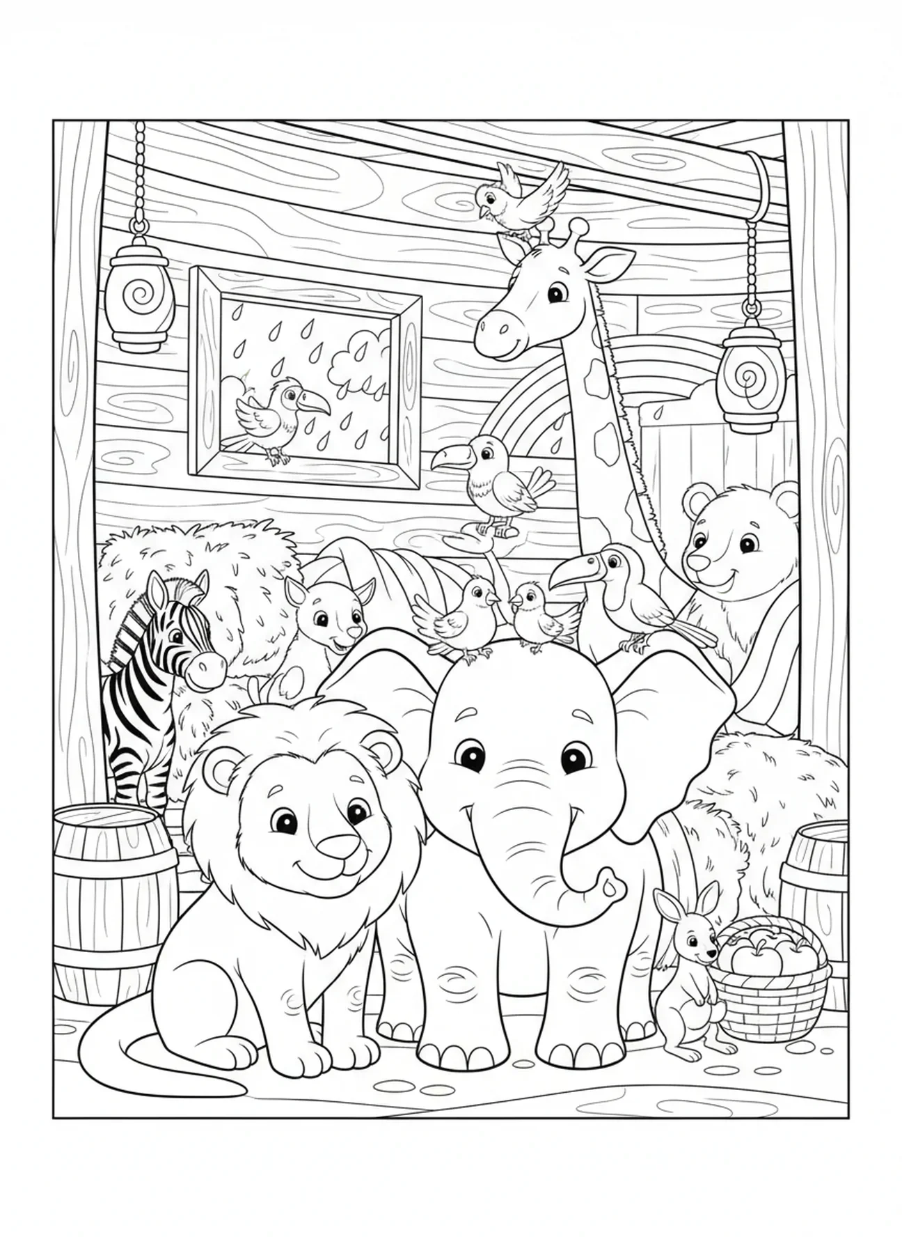 Tiere in der Arche, Ausmalbild für die Sonntagsschule im Rahmen der Ferienbibelwoche für Kinder im Alter von 5-10 Jahren