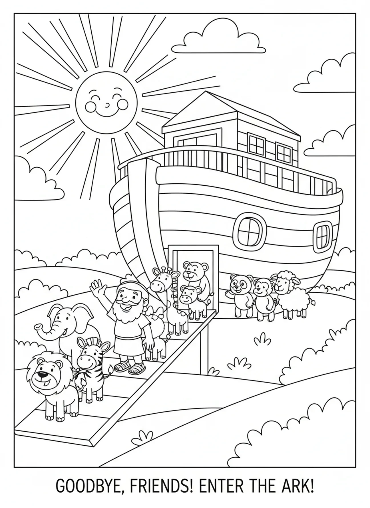 Noah winkt zum Abschied, Ausmalbild für die Sonntagsschule über die Rocky Railway für Kinder im Alter von 5-10 Jahren