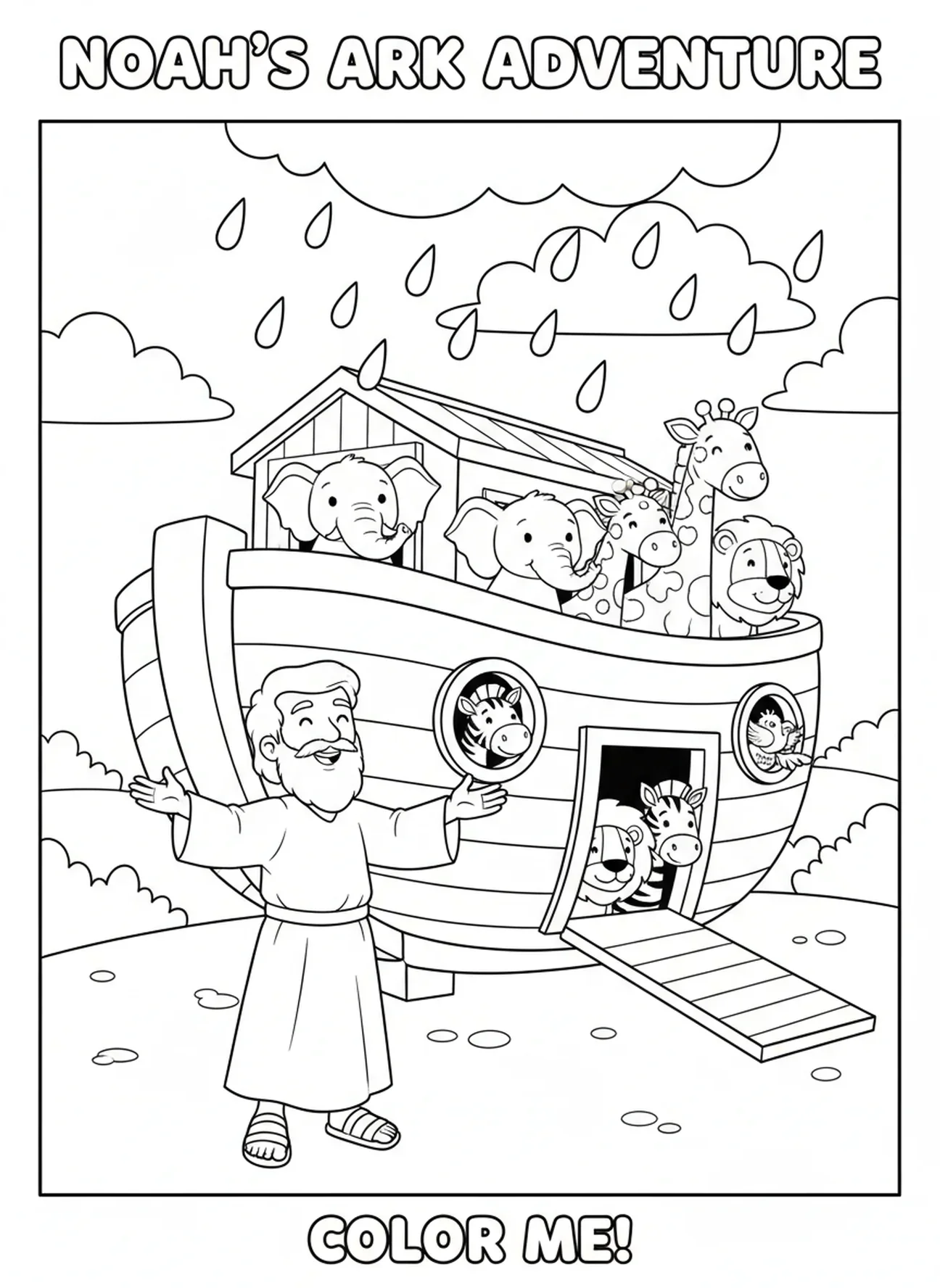 Noah im Regen, Ausmalbild für die Sonntagsschule über die Rocky Railway für Kinder im Alter von 5-10 Jahren