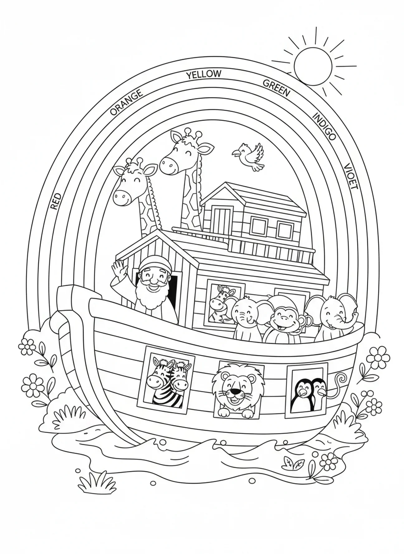 Regenbogen über der Arche, Ausmalbild für die Sonntagsschule Rocky Railway für Kinder im Alter von 5-10 Jahren