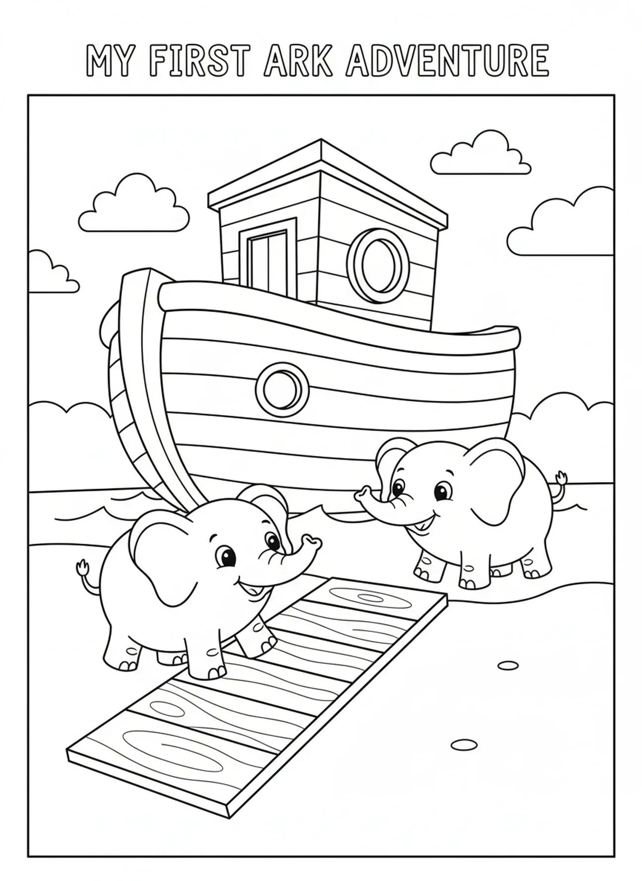Ein Paar fröhlicher Elefanten, Ausmalbild für die Sonntagsschule zum Thema Rocky Railway für Vorschulkinder im Alter von 3-5 Jahren