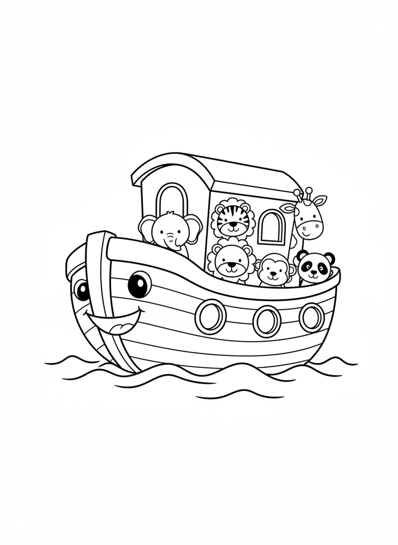 Lächemende Arche schwimmt, Ferien-Bibel-Schule Ausmalbild für Vorschulkinder im Alter von 3-5 Jahren