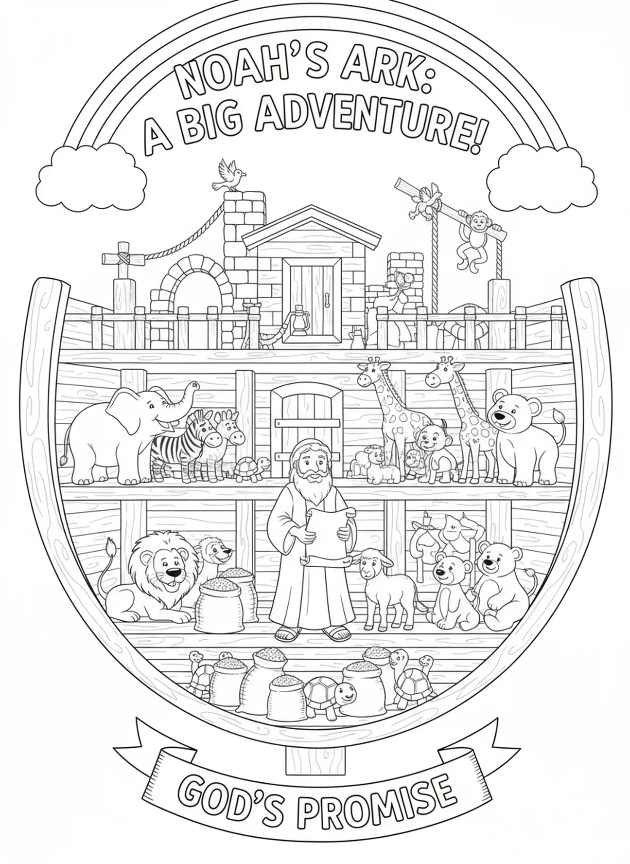 Animaux se reposant à l'intérieur de l'arche, page à colorier VBS Rocky Railway pour les enfants de l'École du dimanche âgés de 5 à 12 ans.