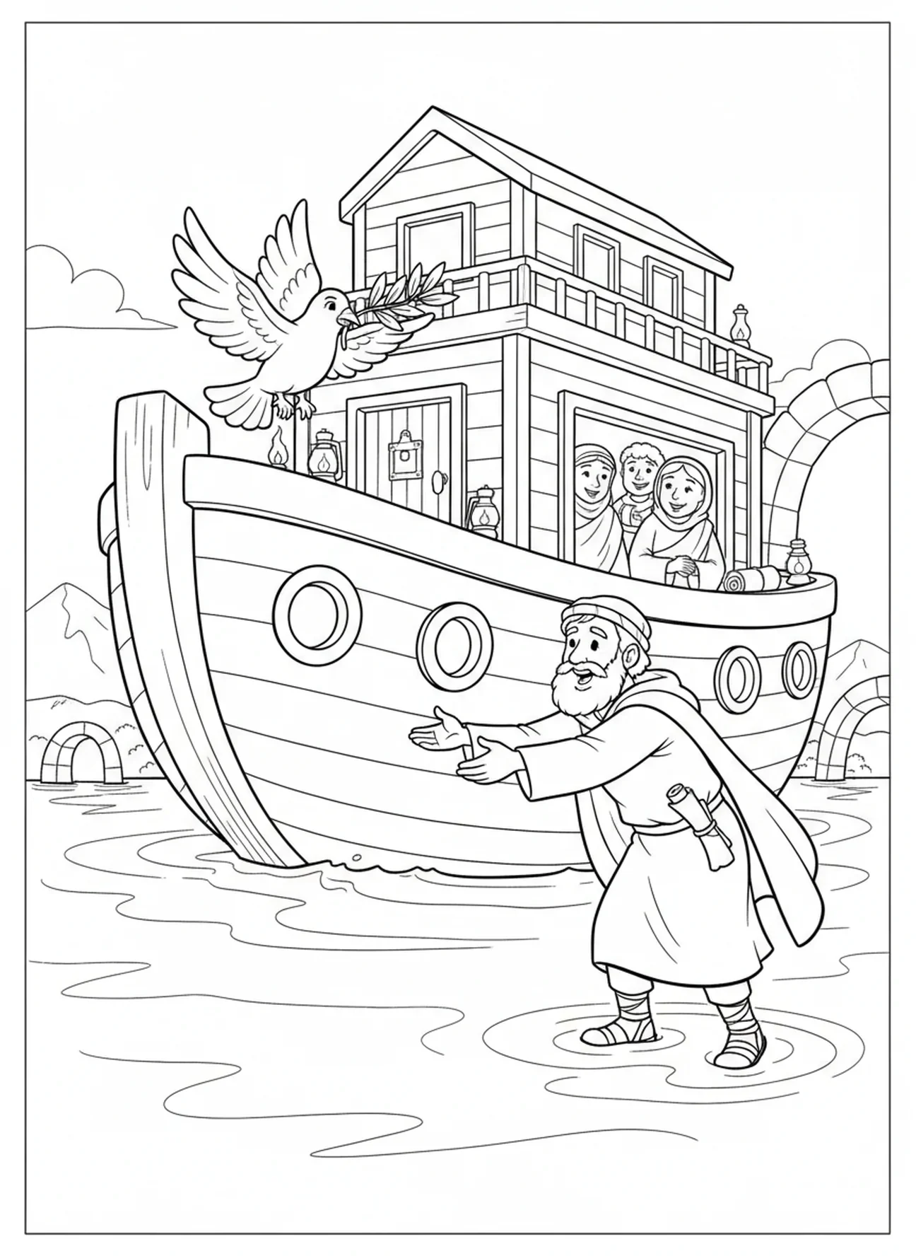 Colombe revenant vers Noé avec une branche d'olivier, page à colorier VBS Rocky Railway pour les enfants de l'École du dimanche âgés de 5 à 12 ans.
