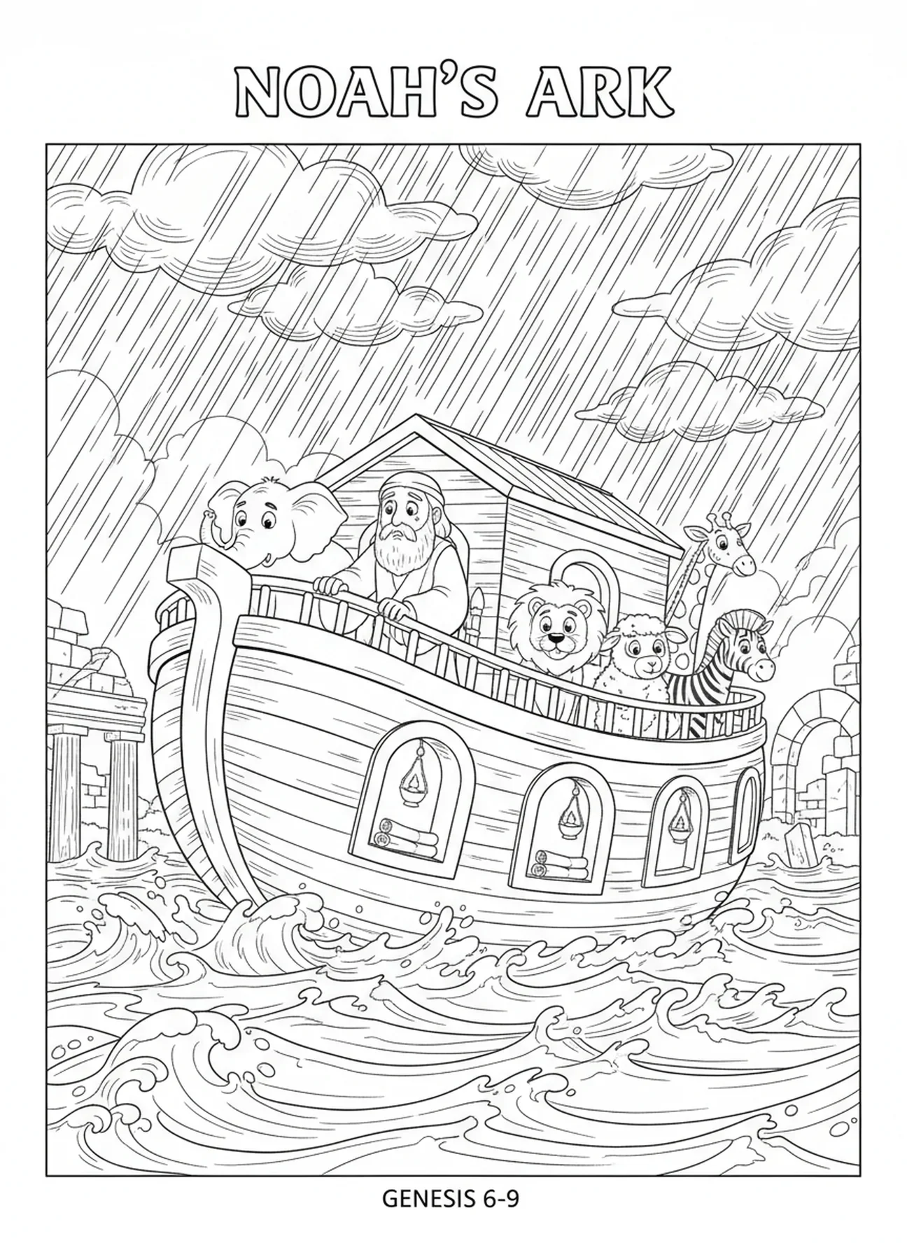 L'arche flottant dans les eaux du déluge, page à colorier VBS Rocky Railway pour les enfants de l'École du dimanche âgés de 5 à 12 ans.