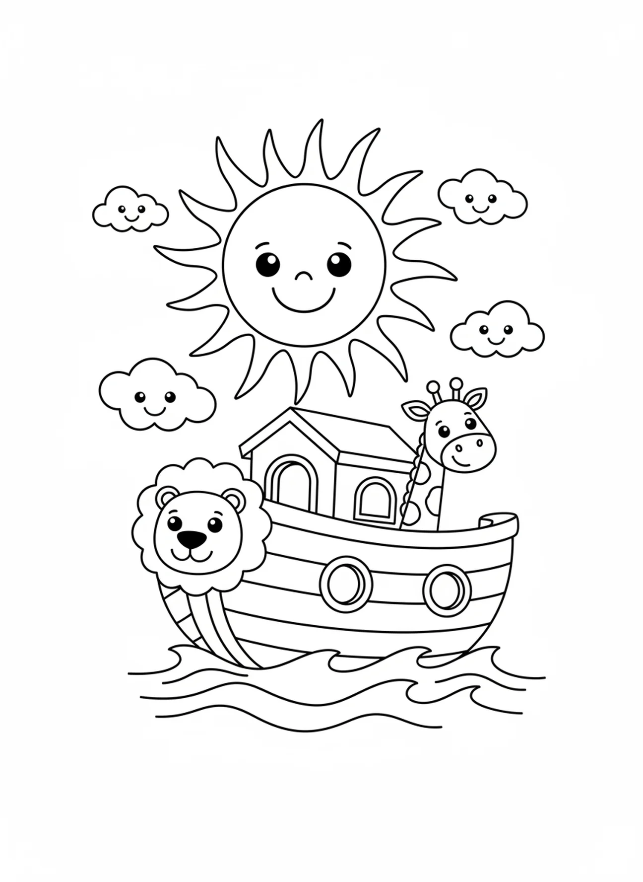 Arche sur l'eau avec le soleil, page à colorier VBS Stellar pour les enfants de 3 à 5 ans