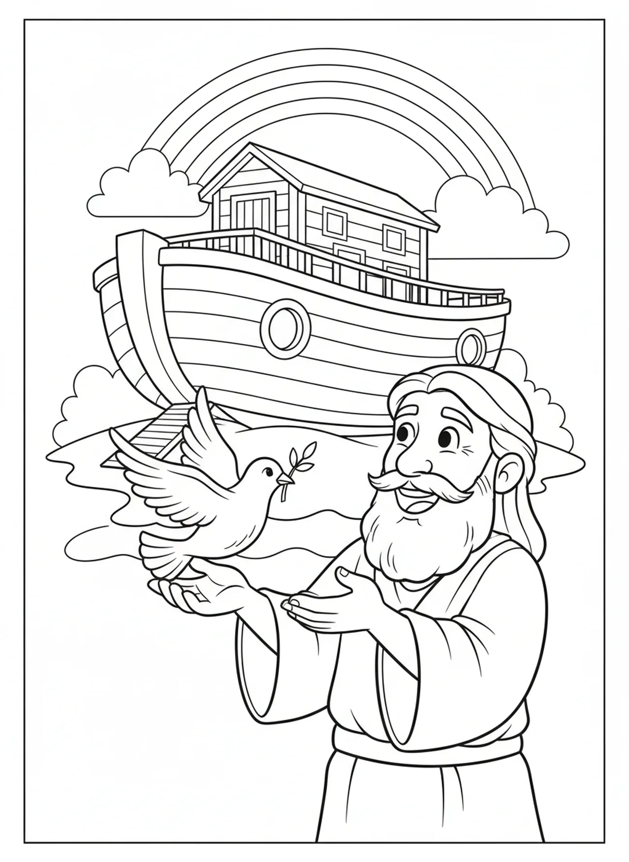 Noah lässt eine Taube fliegen, Ausmalbild für die Sonntagsschule für Kinder im Alter von 5-10 Jahren