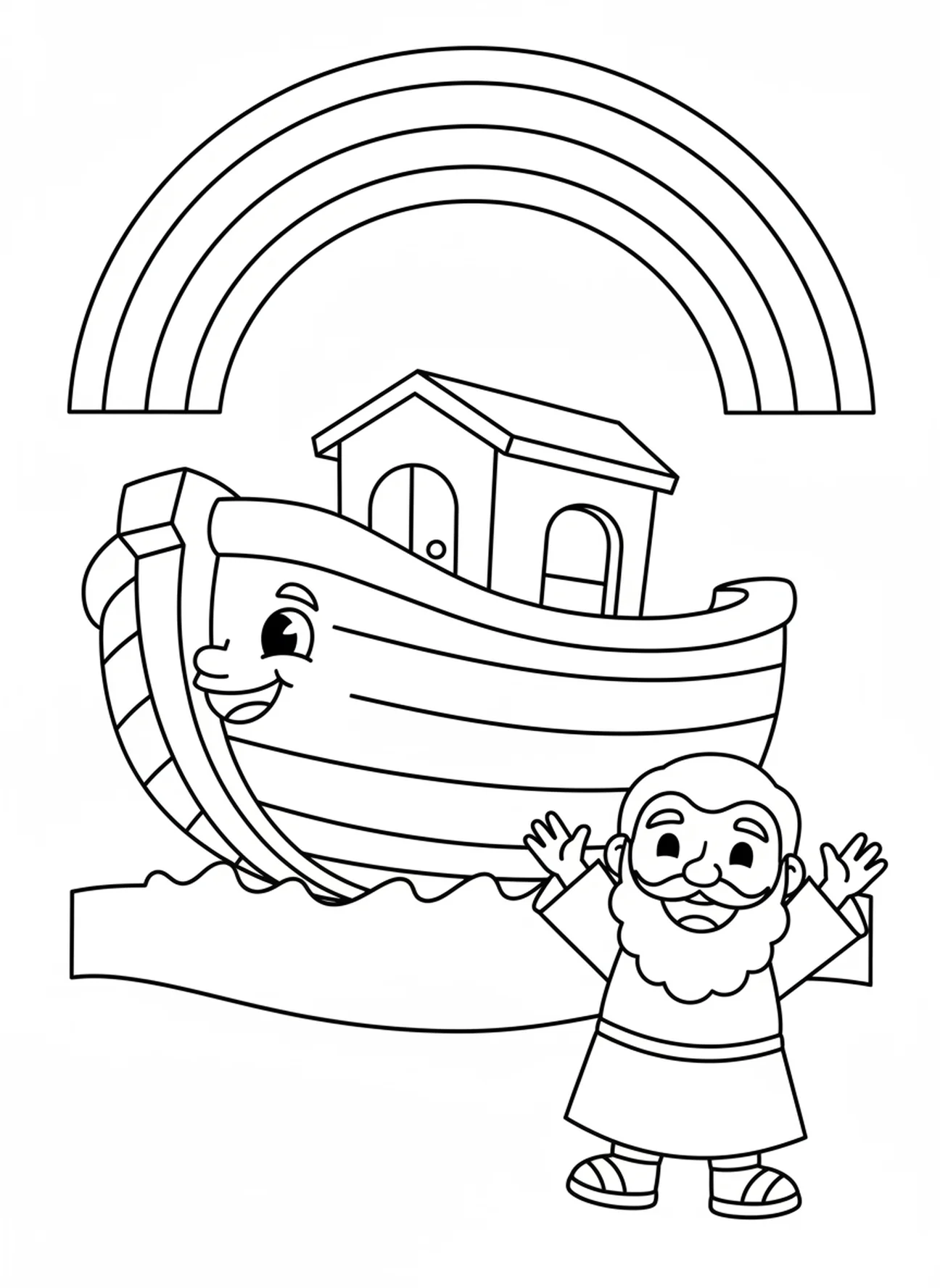 Regenbogen über Noah, Ausmalbild für die Sonntagsschule für Vorschulkinder im Alter von 3-5 Jahren