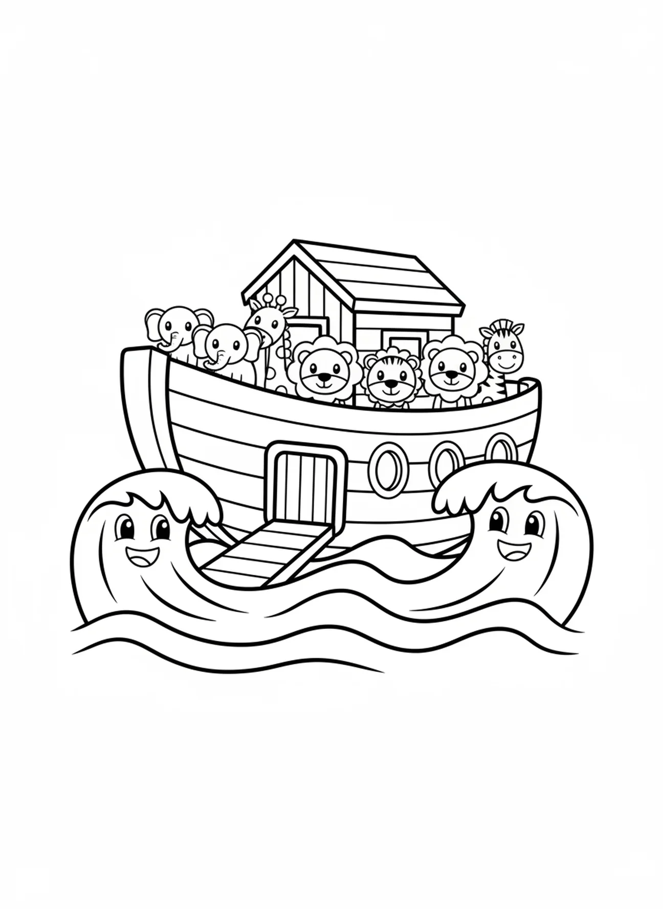 Arche flottant sur l'eau, page à colorier sur le thème de l'École du dimanche pour les enfants de 3 à 5 ans