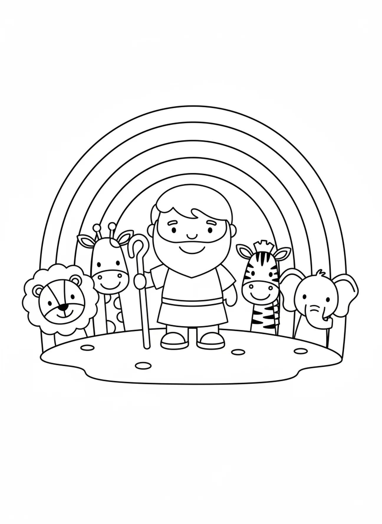 Arc-en-ciel au-dessus de Noé, page à colorier thème École du dimanche pour les enfants de 3 à 5 ans
