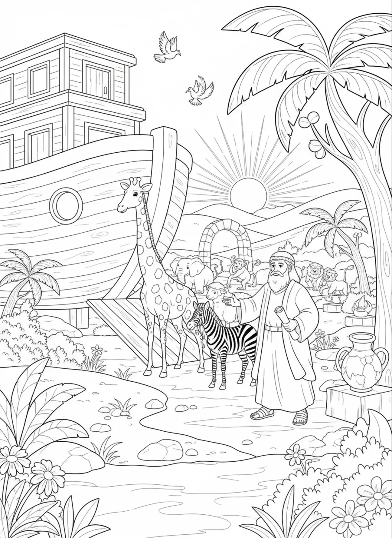 Girafa e zebra saindo da arca, página de colorir com tema de VBS para crianças da Escola Dominical de 5 a 12 anos.