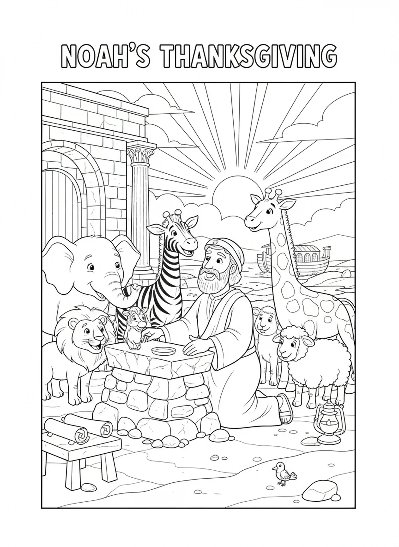 Noé construindo um altar, página de colorir com tema de EBD para crianças de 5 a 12 anos.