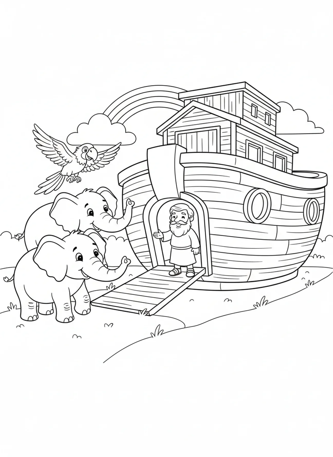 Elefanten und Papagei betreten die Arche, Ausmalbild für die Sonntagsschule für Kinder im Alter von 5-10 Jahren.