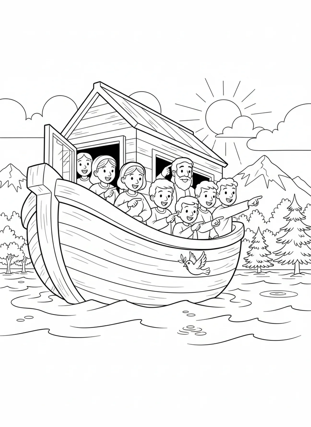 Noah und seine Familie beobachten, wie das Wasser der Flut zurückgeht, Printable Bible Coloring Malvorlage für Kinder im Alter von 5-10 Jahren.