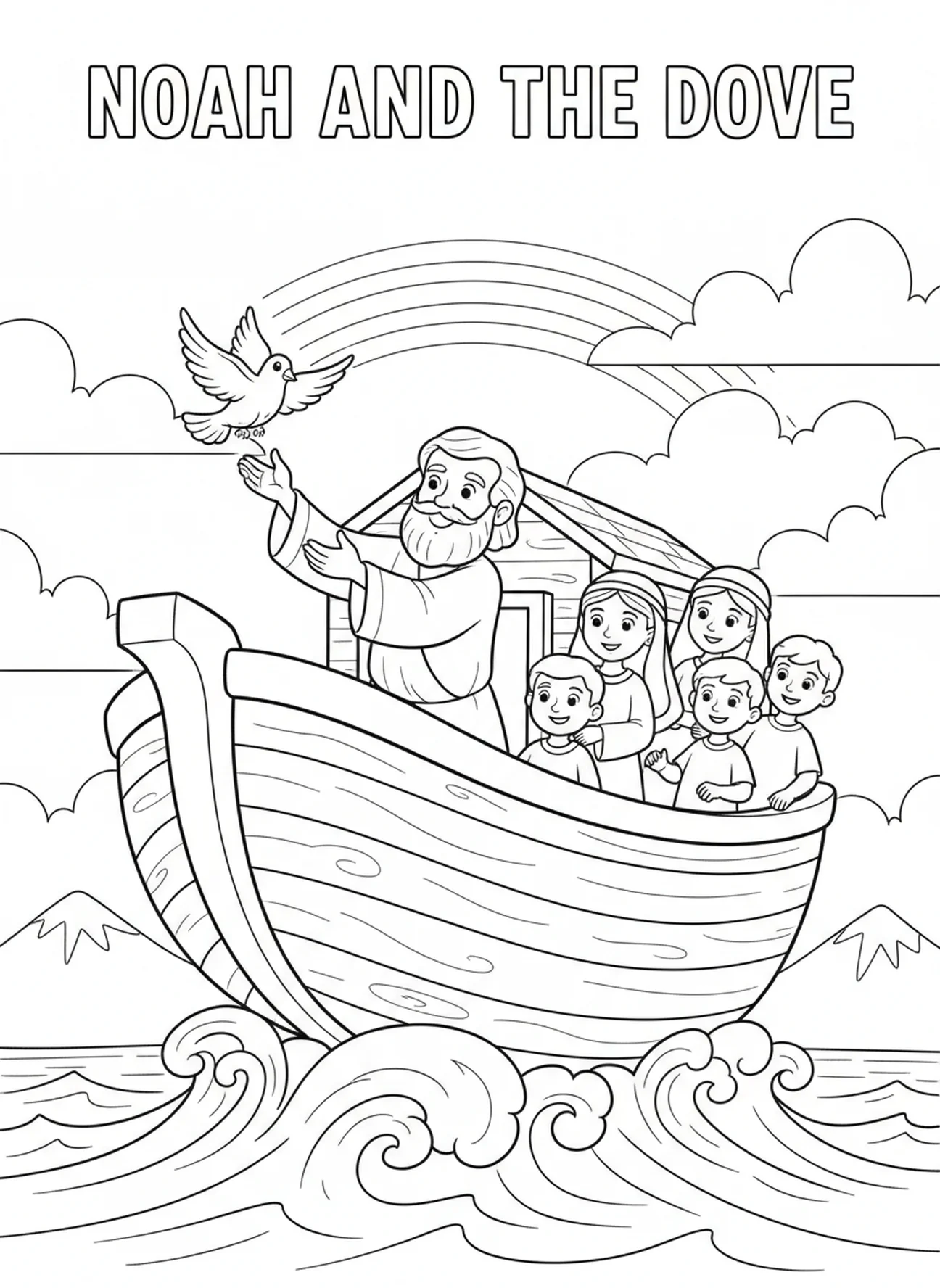 Noah, der eine Taube aus der Arche freilässt, Sonntagsschule Ausmalbild für Kinder im Alter von 5-10 Jahren.