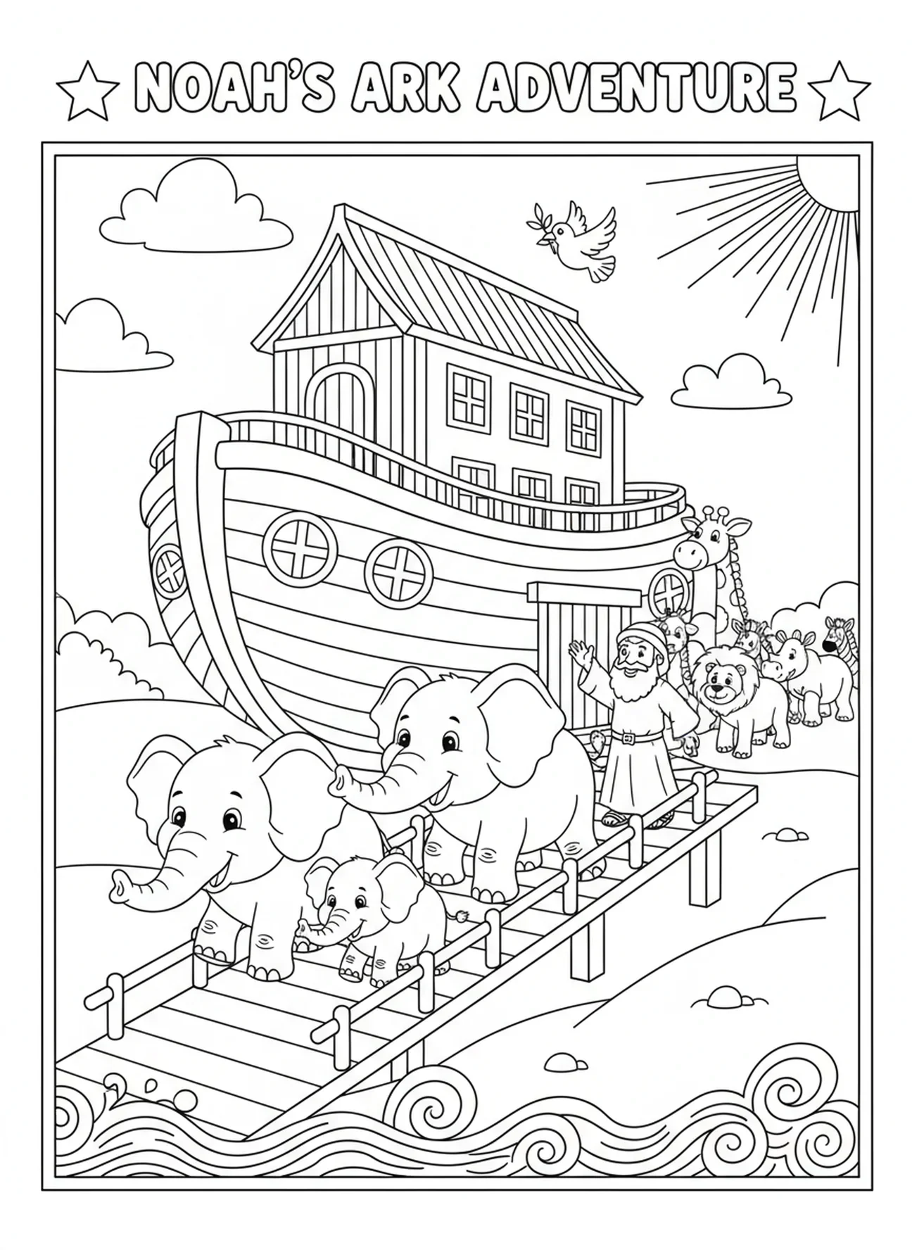 Une paire d'éléphants montant à bord de l'arche, page à colorier VBS Twists Turns pour les enfants de 5 à 10 ans