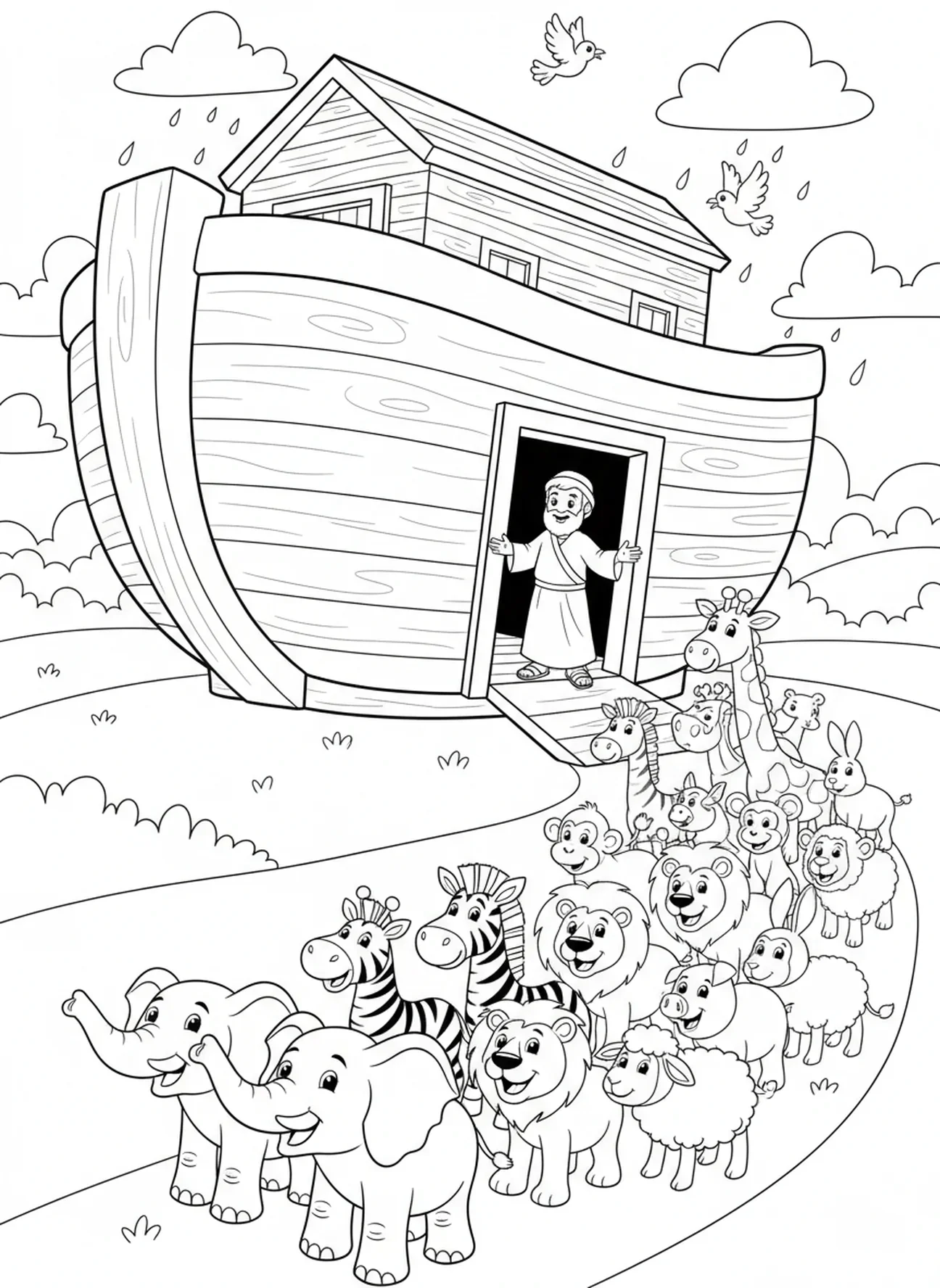 Noé entouré d'animaux, page à colorier pour l'École du dimanche pour les enfants de 5 à 10 ans