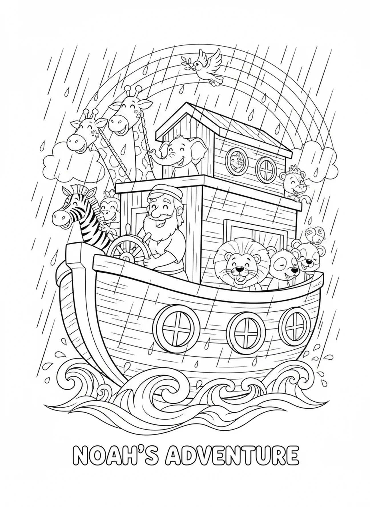 L'arche de Noé naviguant sous la pluie, page à colorier École du dimanche pour enfants de 5 à 10 ans